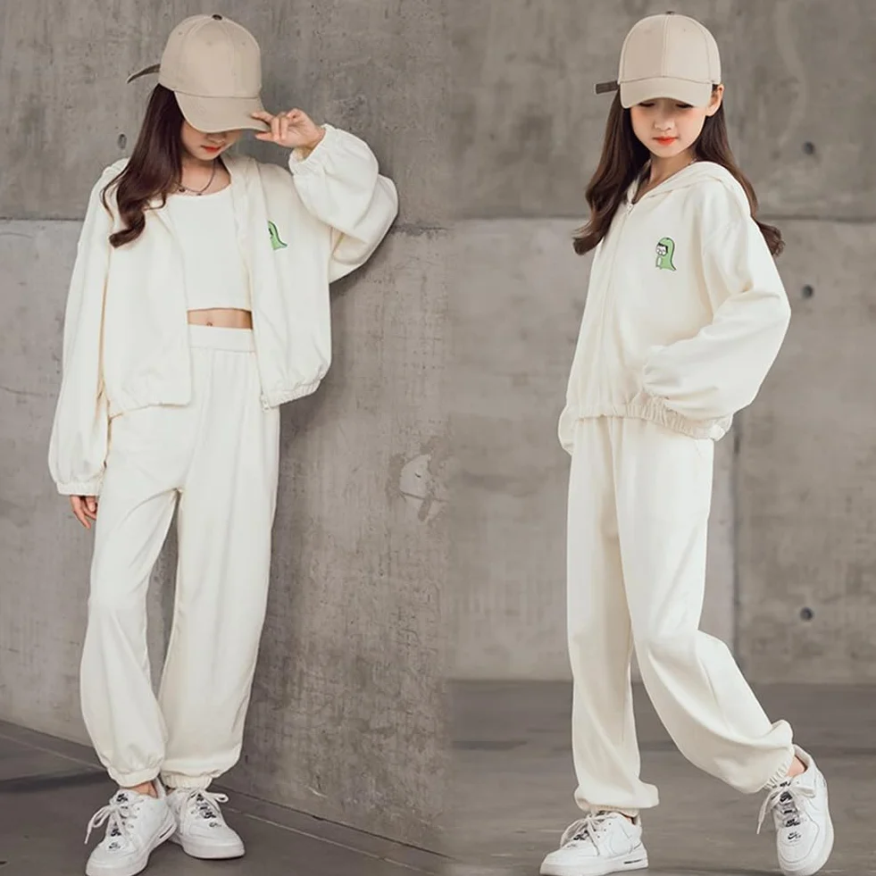 Ensemble de Jogging Enfant Fille 3 Pièces Veste à Capuche + Pantalon de Jogging Automne