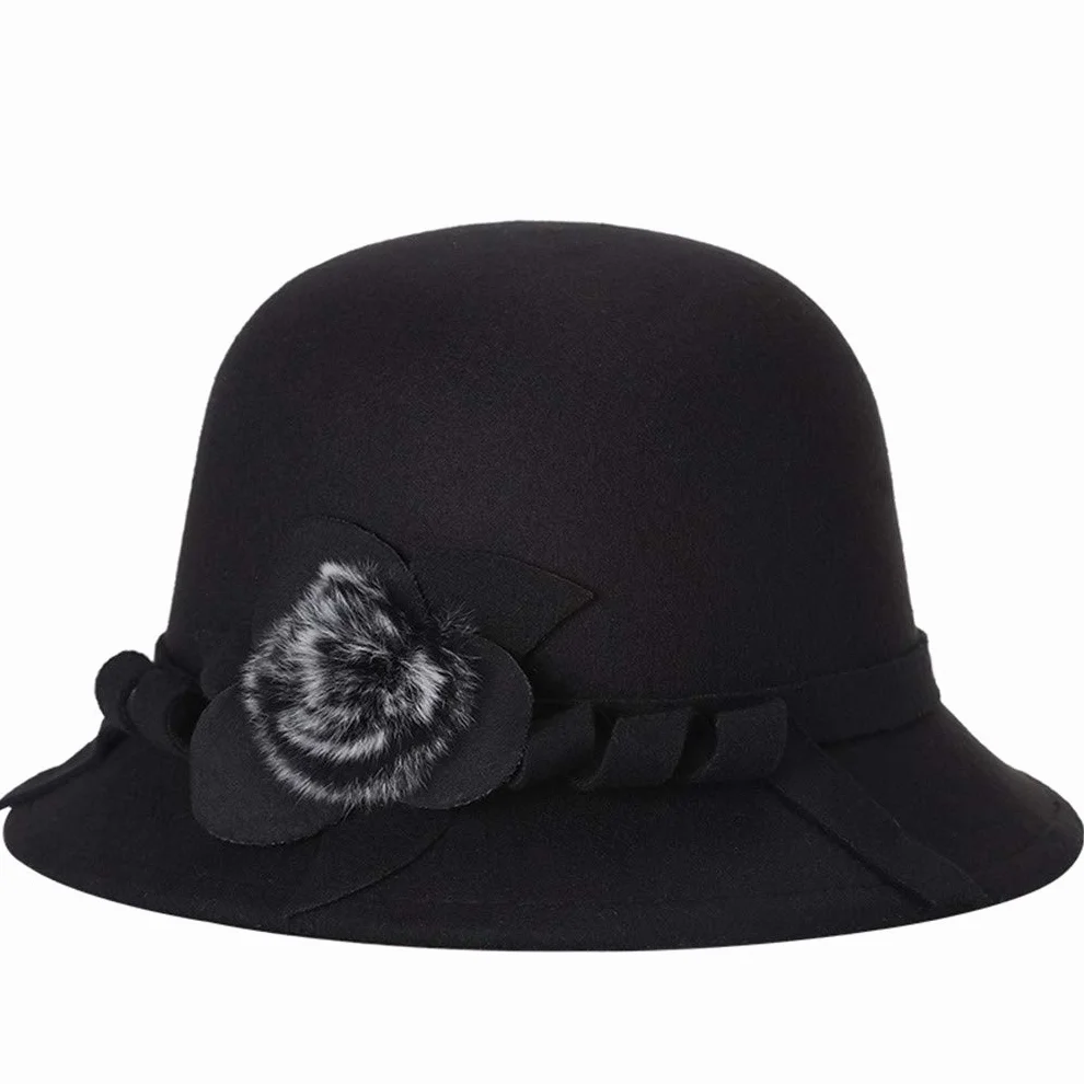 Chapeau melon vintage cloche en feutre pliable avec fleur