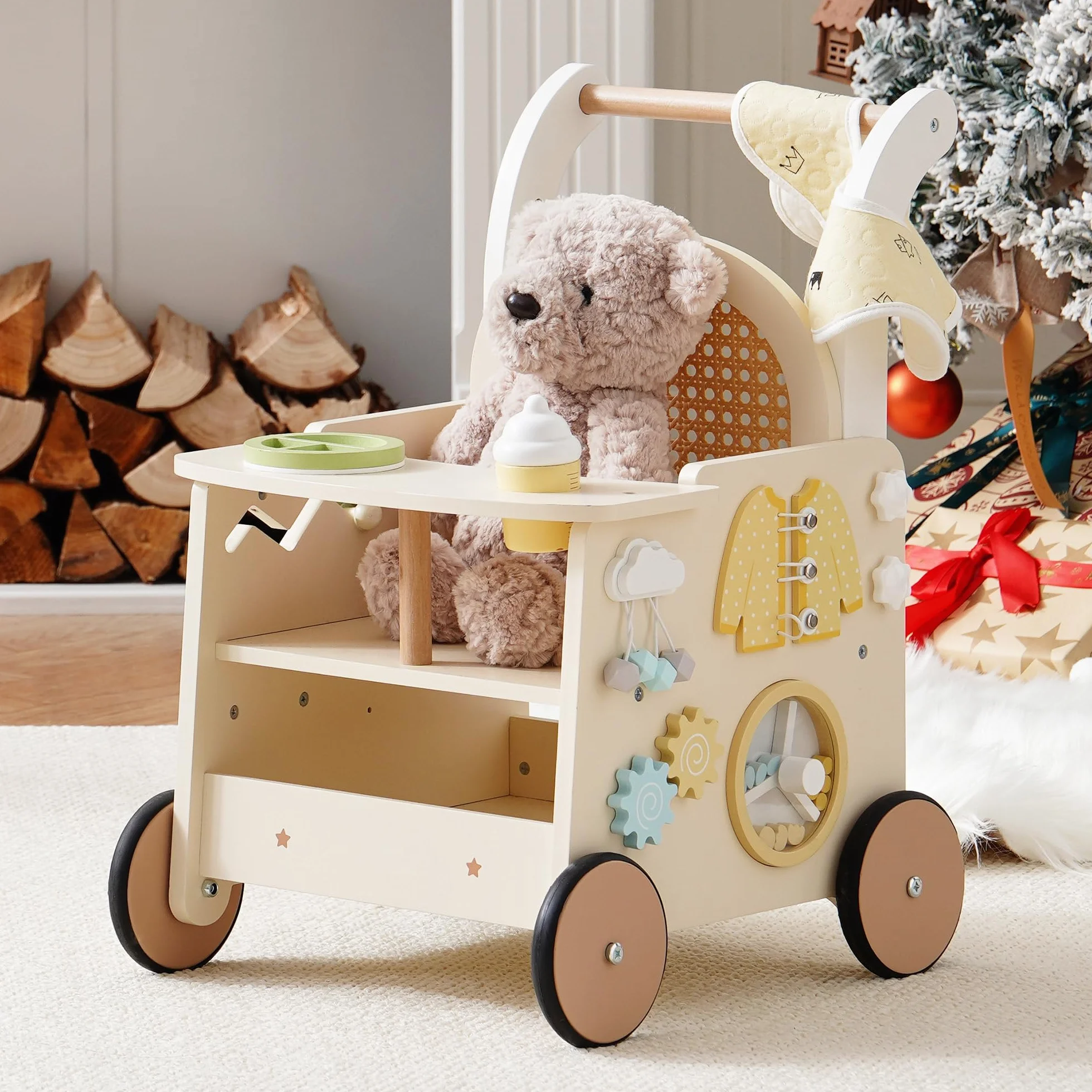 ROBOTIME landau en bois pour bébé, poussette de marche à pousser/tirer, marcheur avec contrôle de vitesse, dès 10 mois