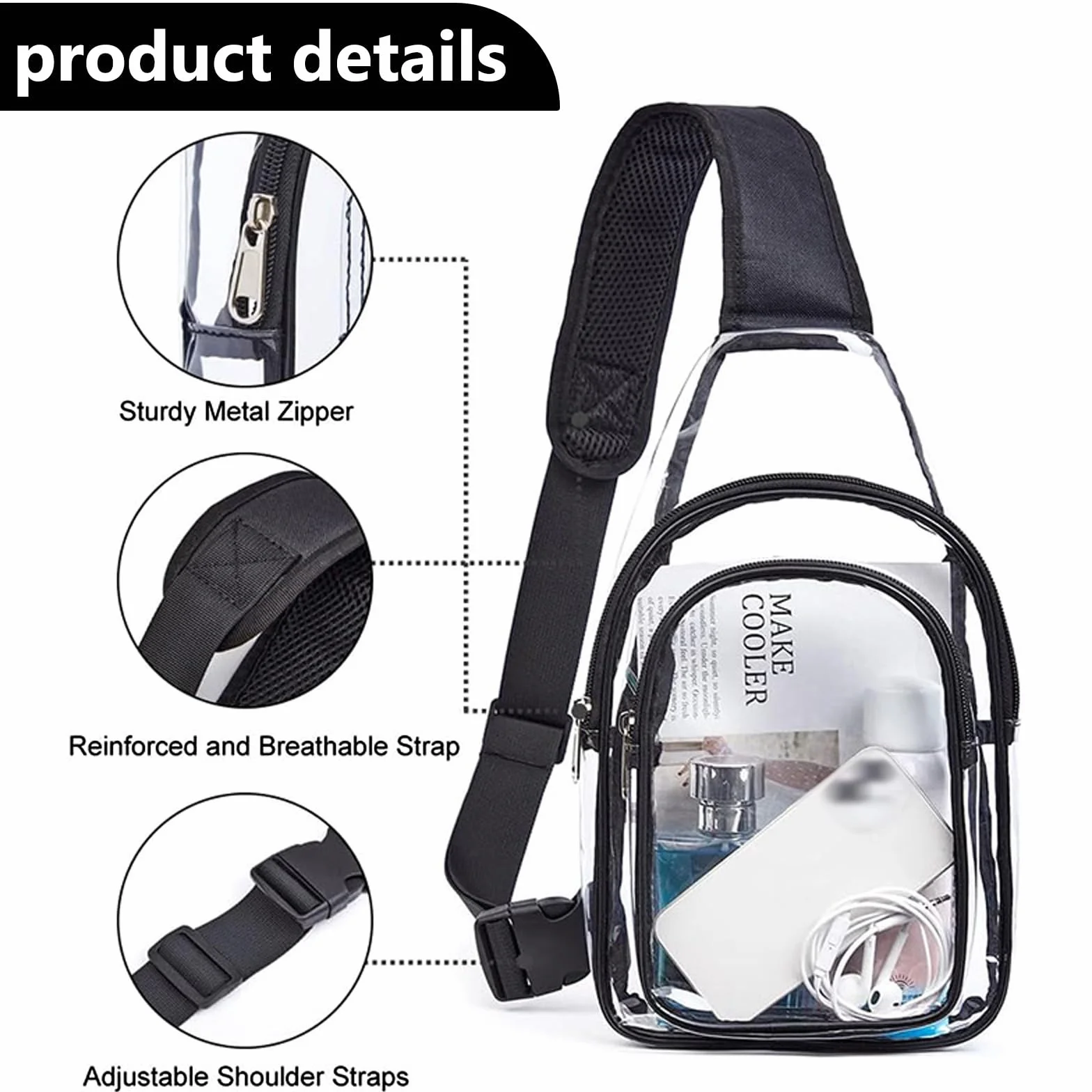Sac Transparent Banane en PVC Approuvé par Les Stades Sac Bandoulière Femme Homme