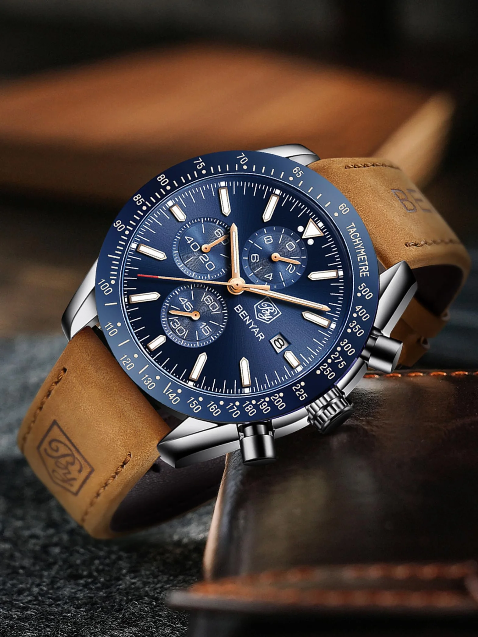 BENYAR Montre Homme Etanche Analogique Quartz Chronographe Lumineuses Date Cadran Classique