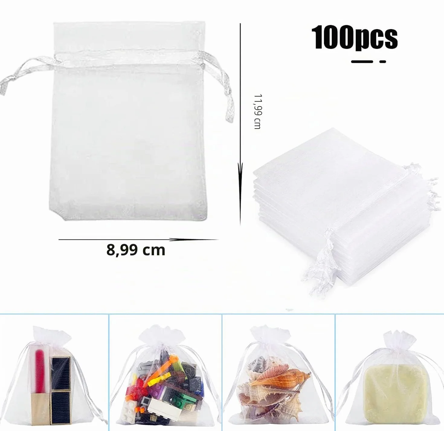 Sachets en organza blanc 9 x 12 cm Lot de 100 avec cordon en satin
