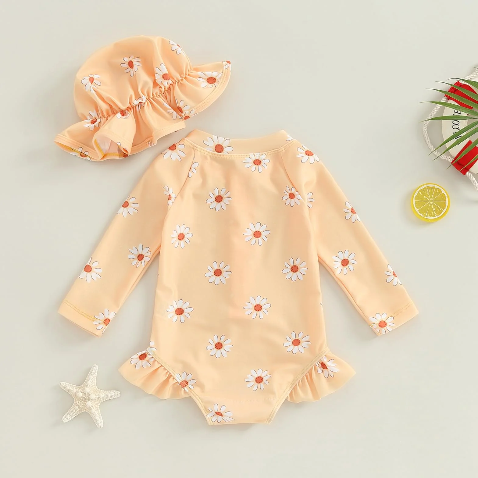 Carolilly Maillot de Bain Une Pièce Bébé Fille à Volant Imprimé Floral Anti-UV Manches Longues avec Chapeau 6 Mois à 3 Ans