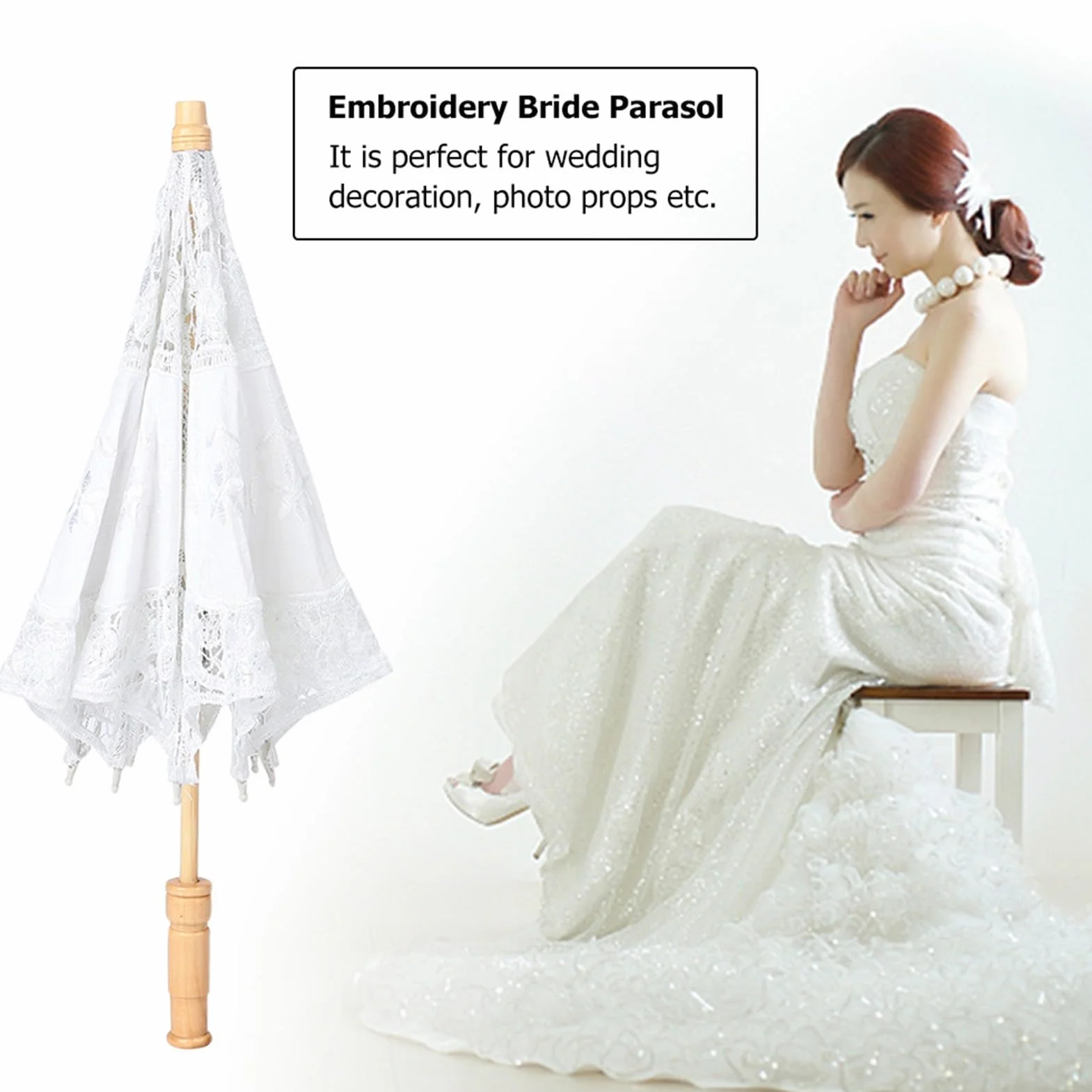 Parapluie de Mariée en Dentelle avec Manche en Bois, Broderie Fleurs Faite à la Main (L)