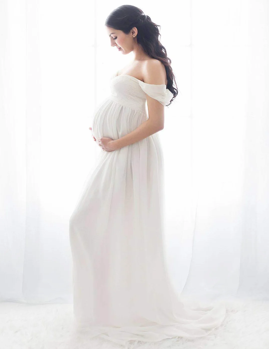 FEOYA Robe Maternité Maxi Femmes Enceintes Épaules Dénudées Sans Bretelles Blanc M