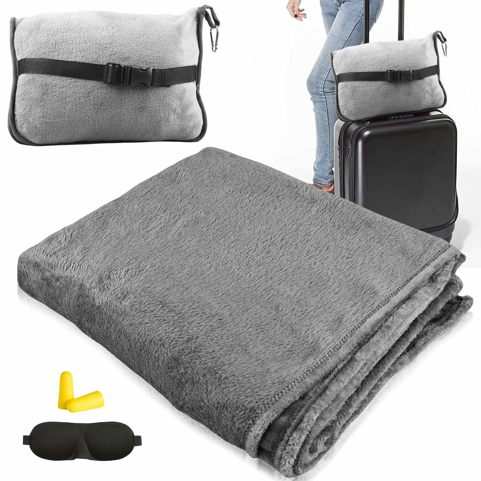 HOSPAOP Couverture de voyage 2 en 1 127x152 cm avec masque sommeil bouchons oreilles Gris