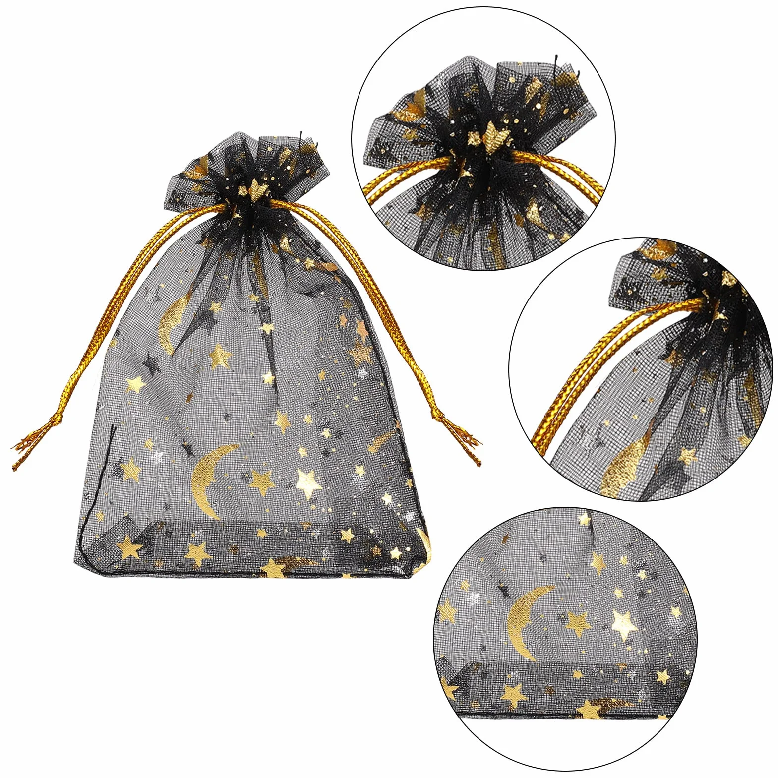 Sacs En Organza 100 pièces 9x12cm Mélanger Couleur avec Motif étoile et lune Ruban Or pour Cadeaux Bijoux Mariage
