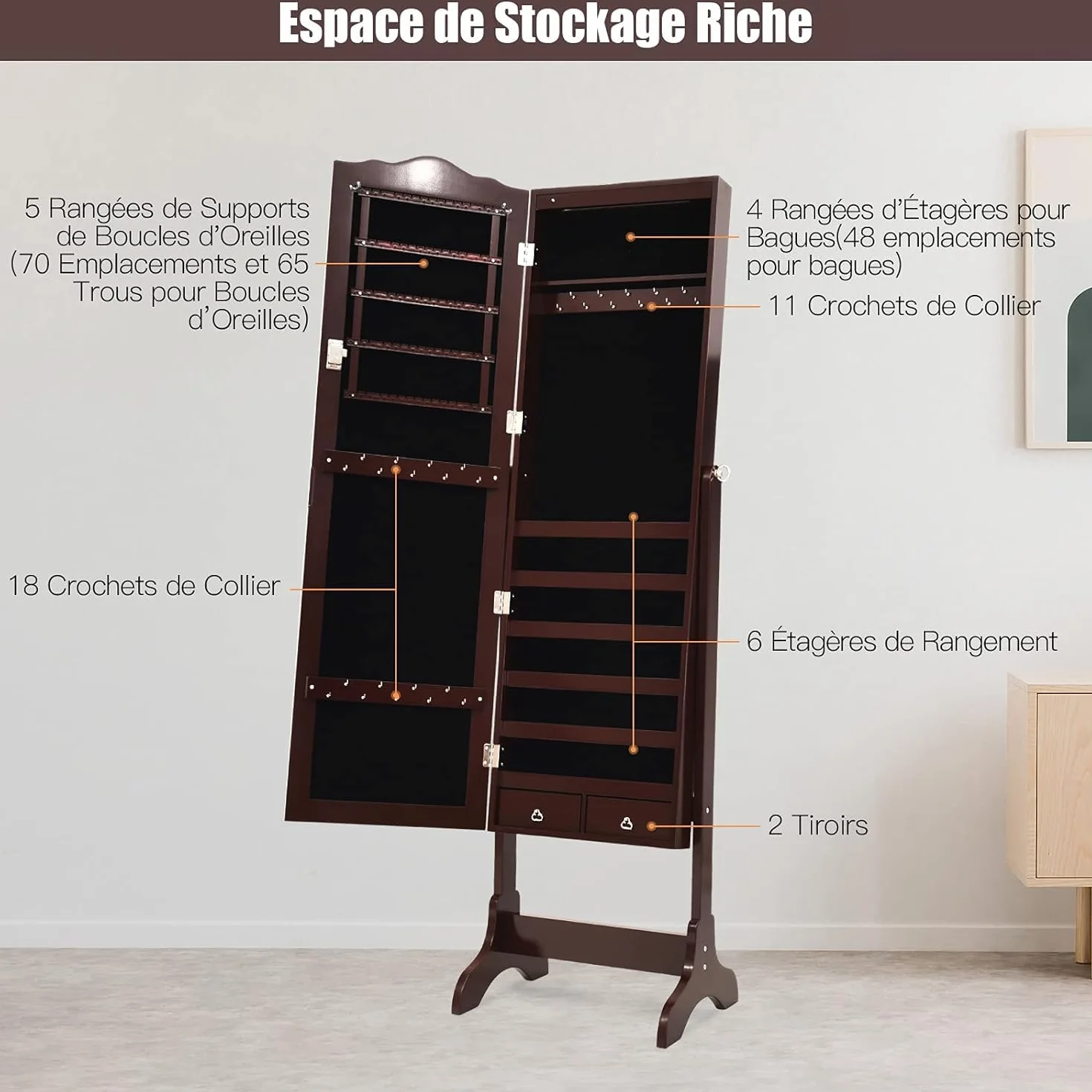 GOPLUS Armoire à Bijoux avec Miroir, 2 en 1, 14 Lumières LED, 6 Étagères, Meuble Bijoux Verrouillable en Bois, Brun