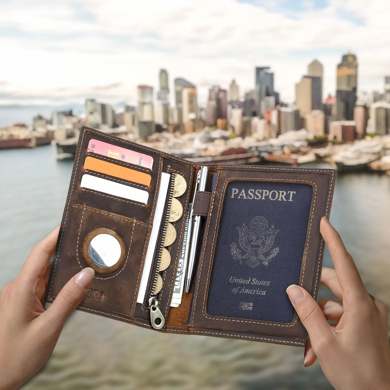 Portefeuille Homme Cuir Véritable Bloquer RFID Compartiment AirTag Organisateur Cartes Voyage