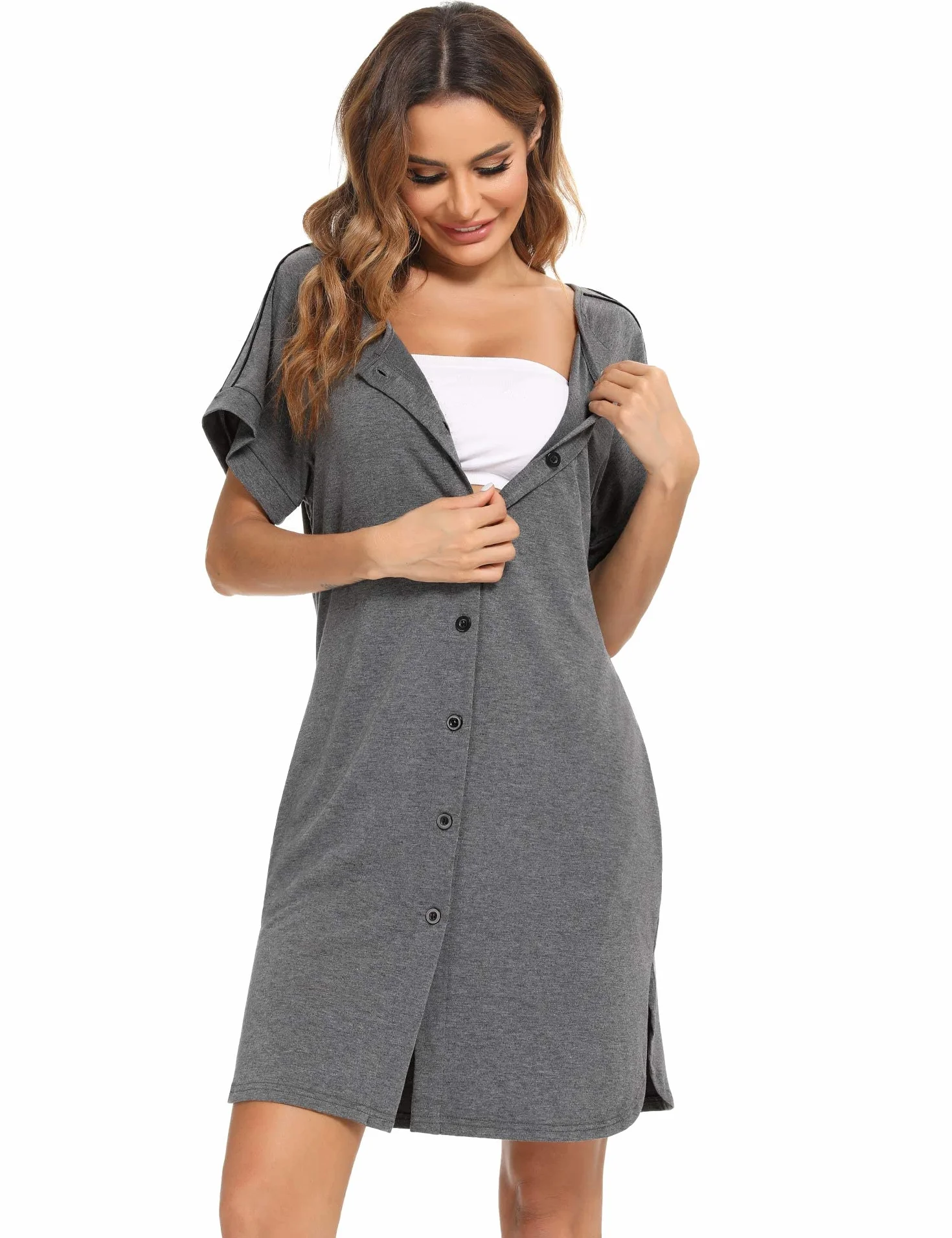 iClosam Chemise de Nuit Maternité Femme Coton Robe Allaitement Con Bouton Pyjama Manche Courte Nuisette Enceinte Devant Ouvert S-XXL