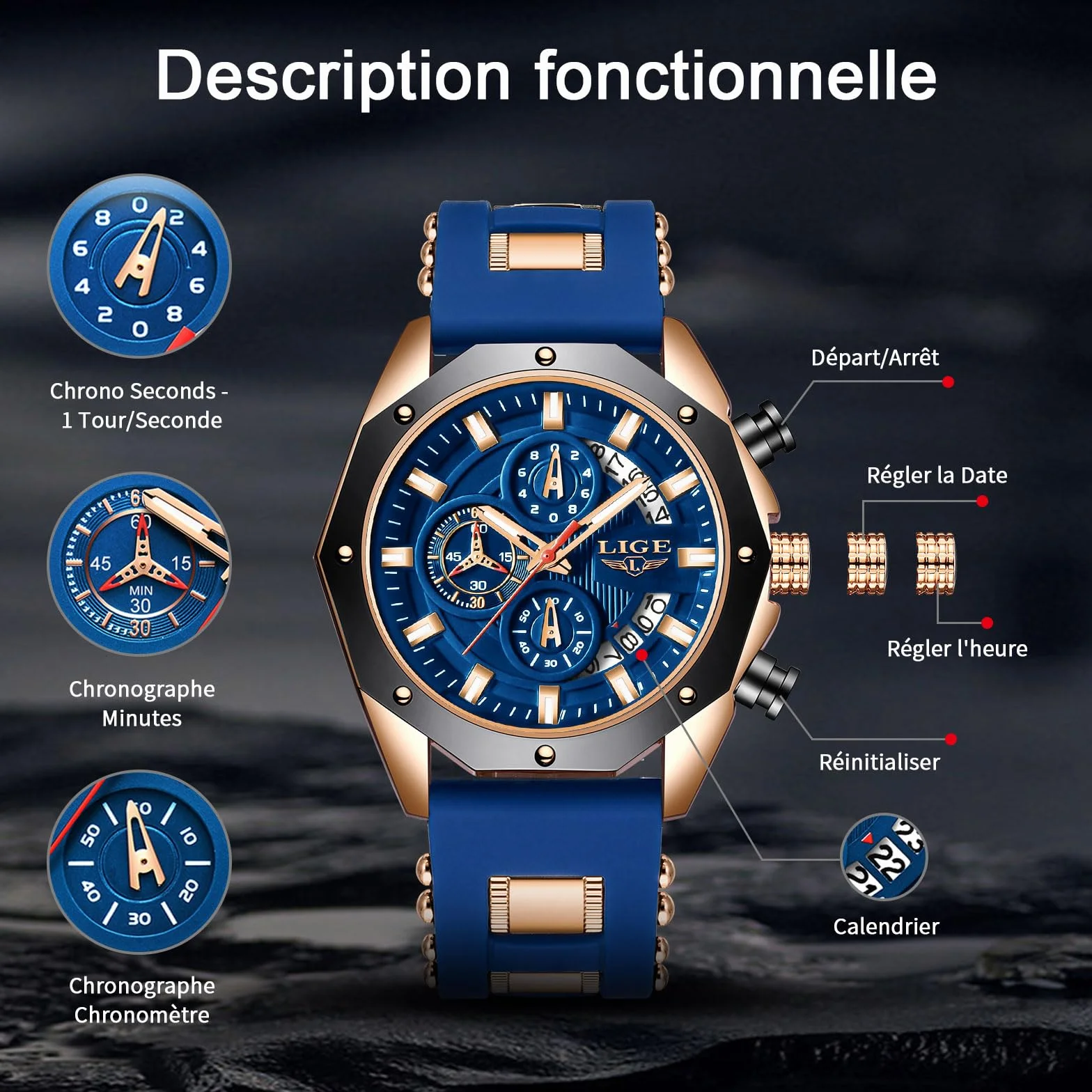 LIGE Montre Homme Chronographe Quartz Analogique 3ATM Etanche Bracelet Silicone Lumineux Date