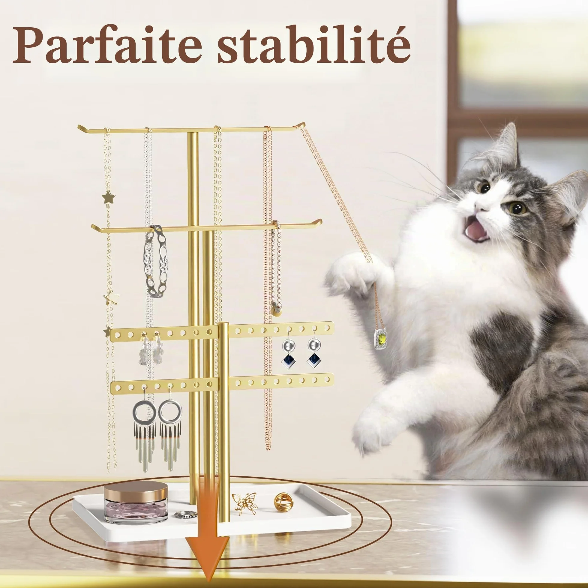Organisateur de Support à Bijoux à 3 Niveaux - Porte-Bijoux Doré pour 80 Pièces - Cadeau pour Femmes