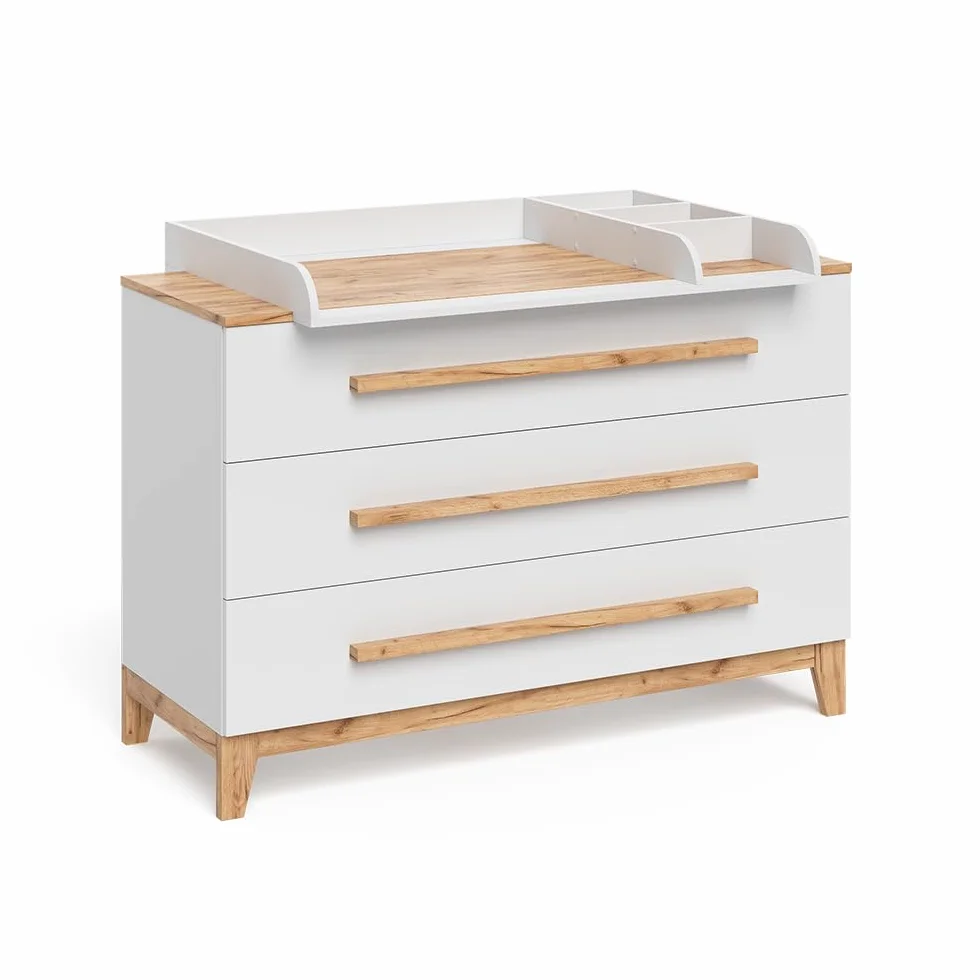 VitaliSpa Table à Langer Malia Blanc Artisan 133.2x98cm 3 tiroirs Plan à Langer Amovible Commode