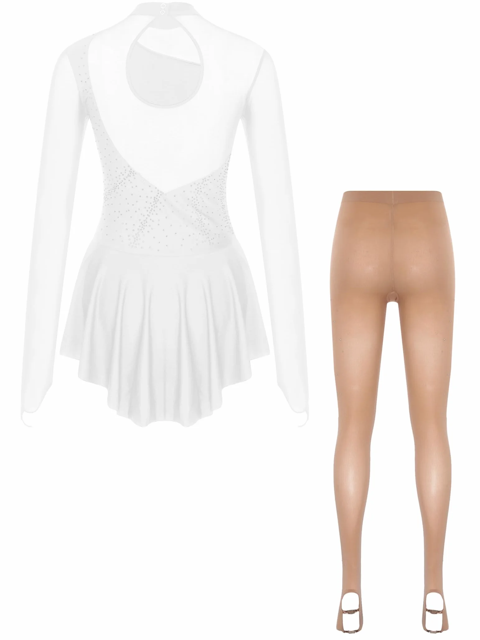 Justaucorps Patinage Artistique Femme Manches Longues Strass avec Collant Patin à Glace Roller