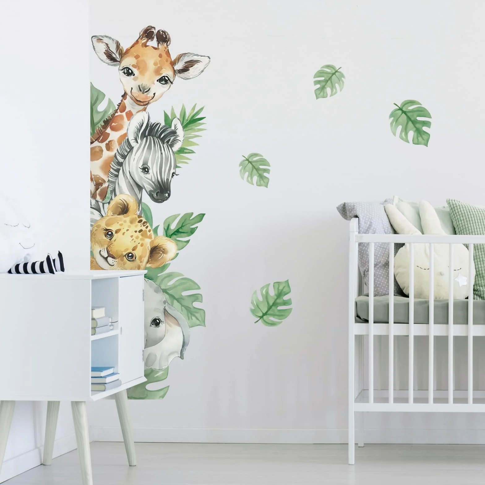 Tanlaby Stickers Muraux Animaux de la Jungle Autocollants Muraux Girafe Zèbre Feuilles Vertes pour Chambre Bébé Décoration Murale