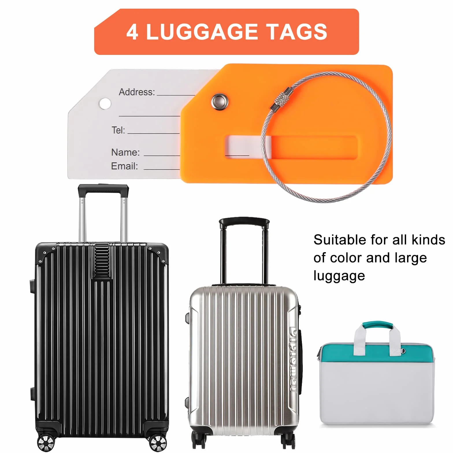 Vinabo 4pcs Sangles de Bagage Réglables avec Boucle, Ceinture Valise, étiquettes de Bagage avec étiquette Nominative et d'adresse pour Voyager en Avion
