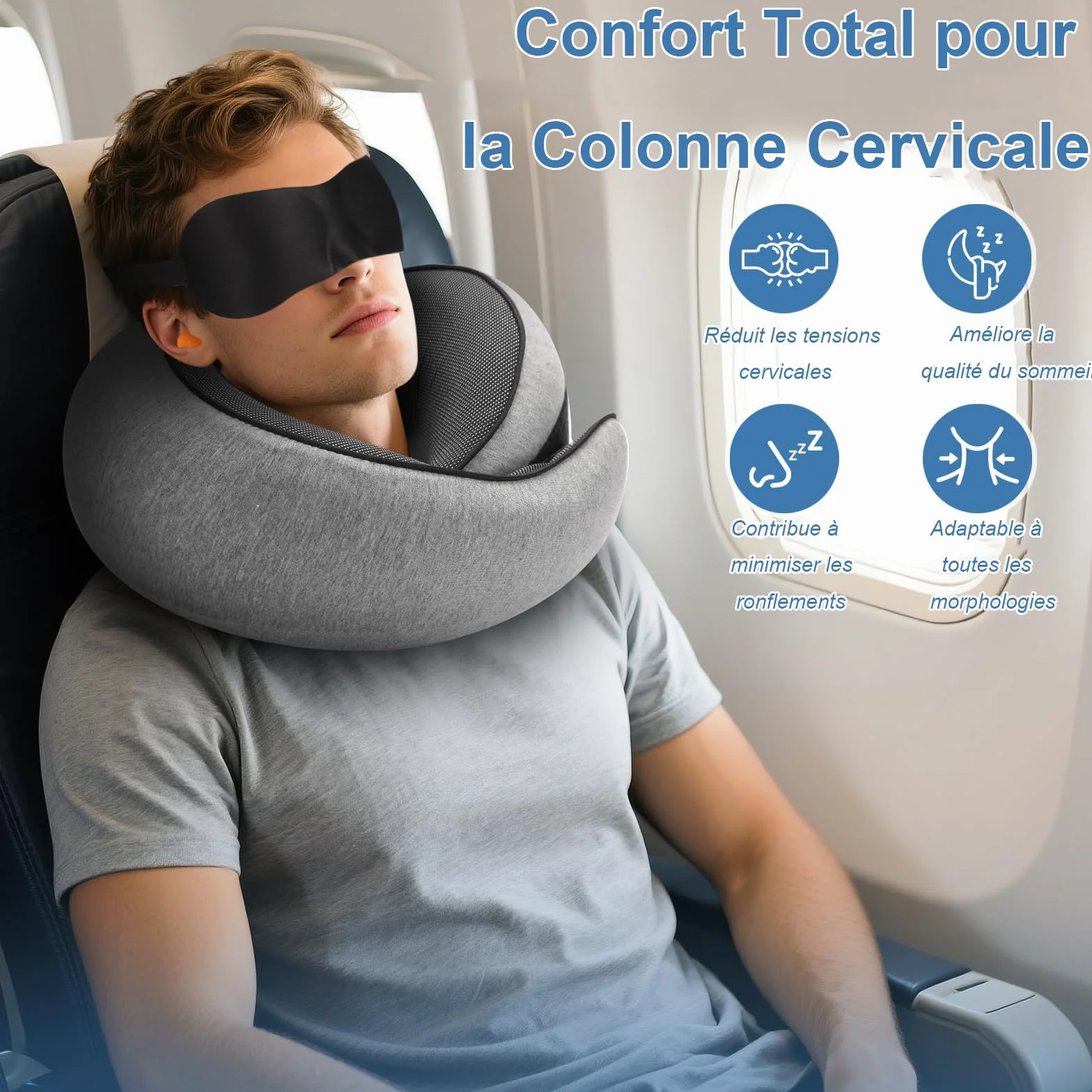 Nomadike-s NOMAREST Coussin de Voyage Mémoire de Forme Oreiller Ergonomique Mousse Avion Voiture Gris