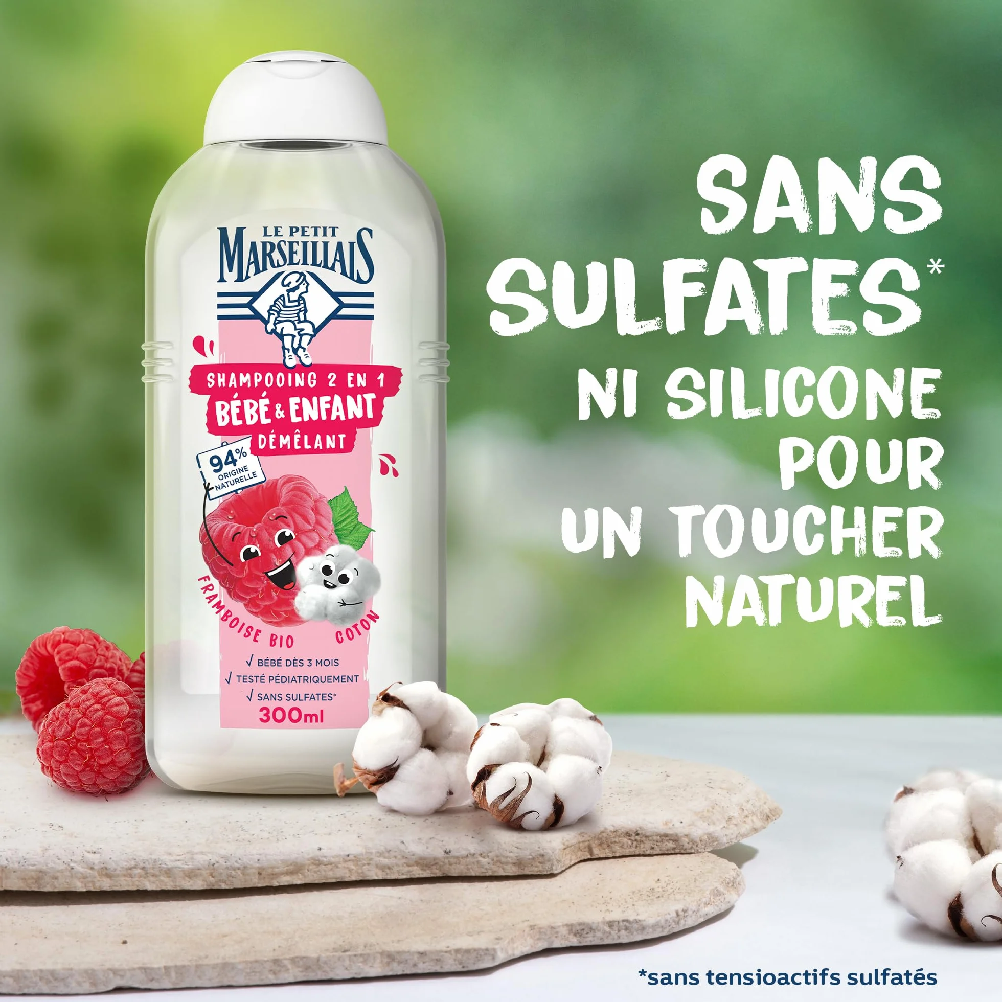 Le Petit Marseillais Shampooing 2 en 1 Bébé & Enfant Démêlant Framboise Bio & Coton 300 ml