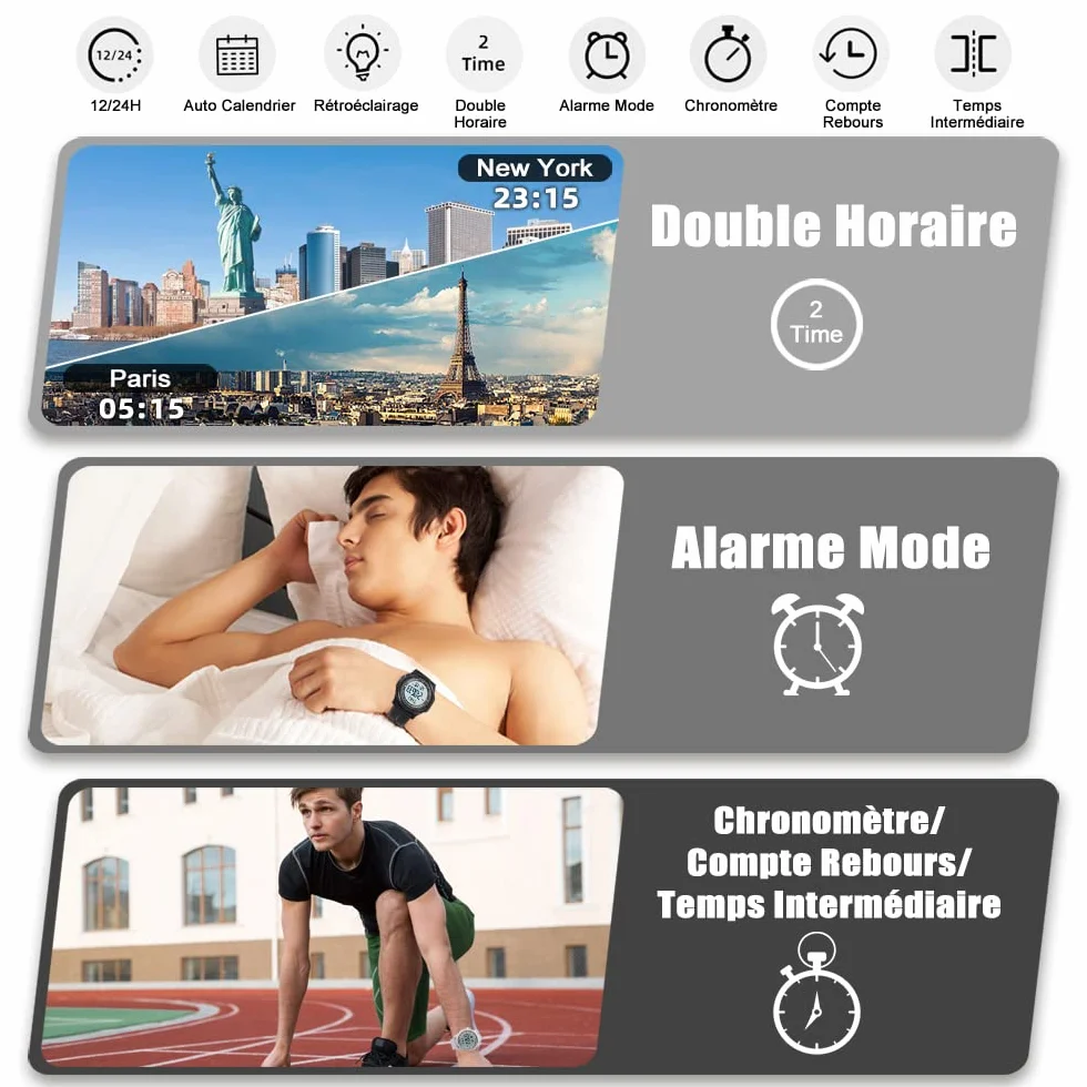 WIFORT Montre Digitale Étanche Hommes Femmes Chronomètre Compte à Rebours Alarme Format 12/24 Heures Sport Ultra-Léger Grand Angle