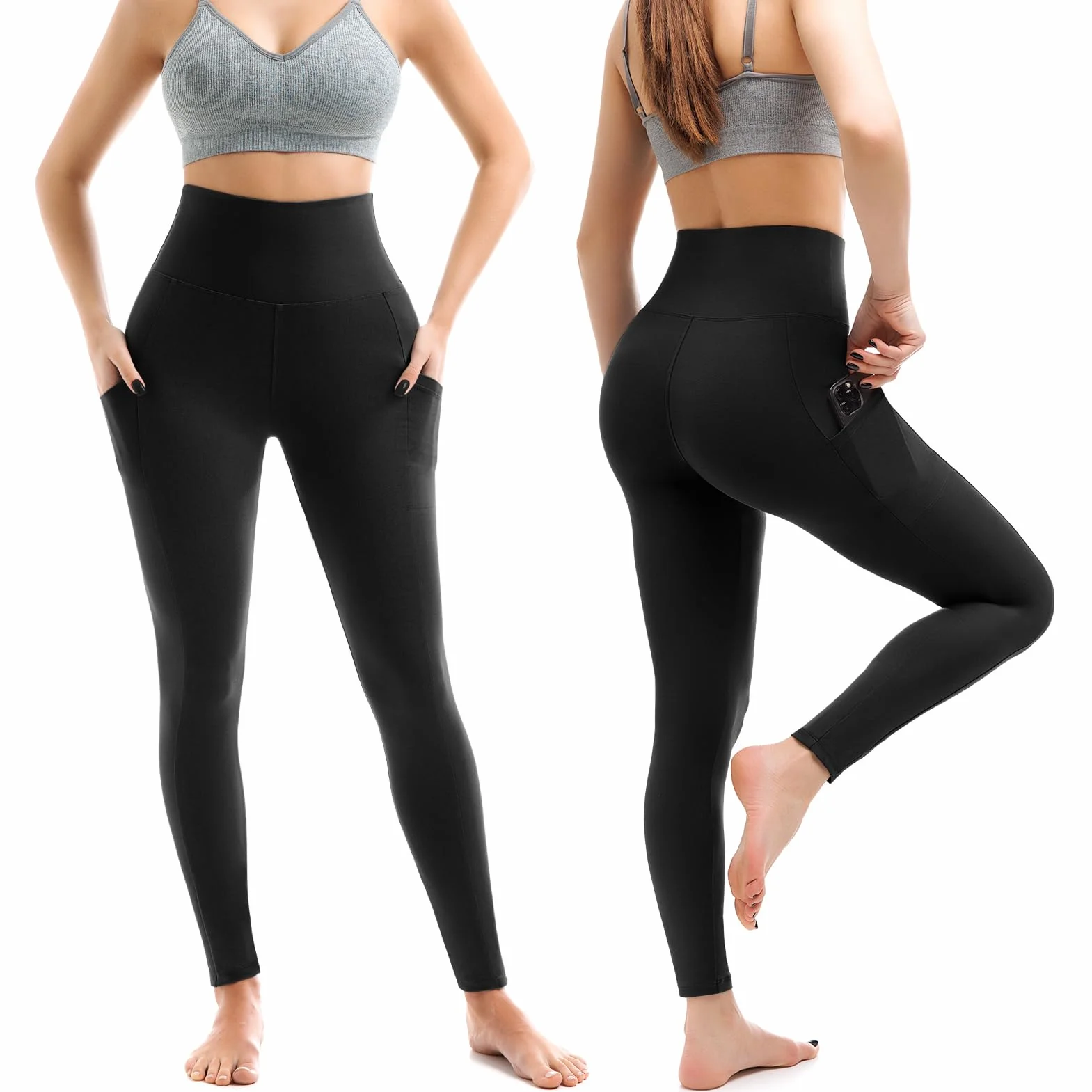 Leafigure Lot de 2 leggings de sport opaques taille haute avec poches