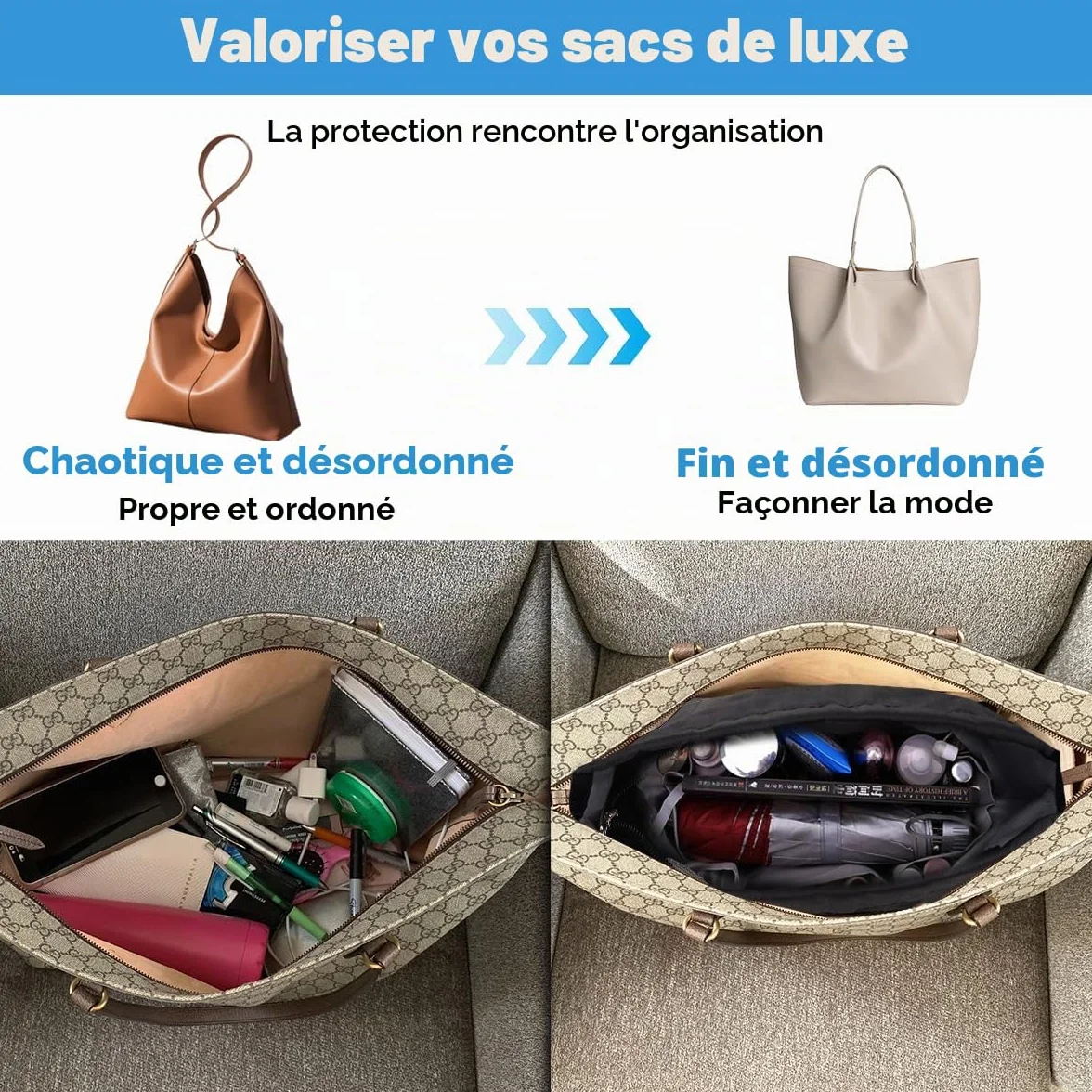 Organisateur de Sac à Main en Nylon 13 Compartiments Imperméable Fermeture à Glissière Noire M