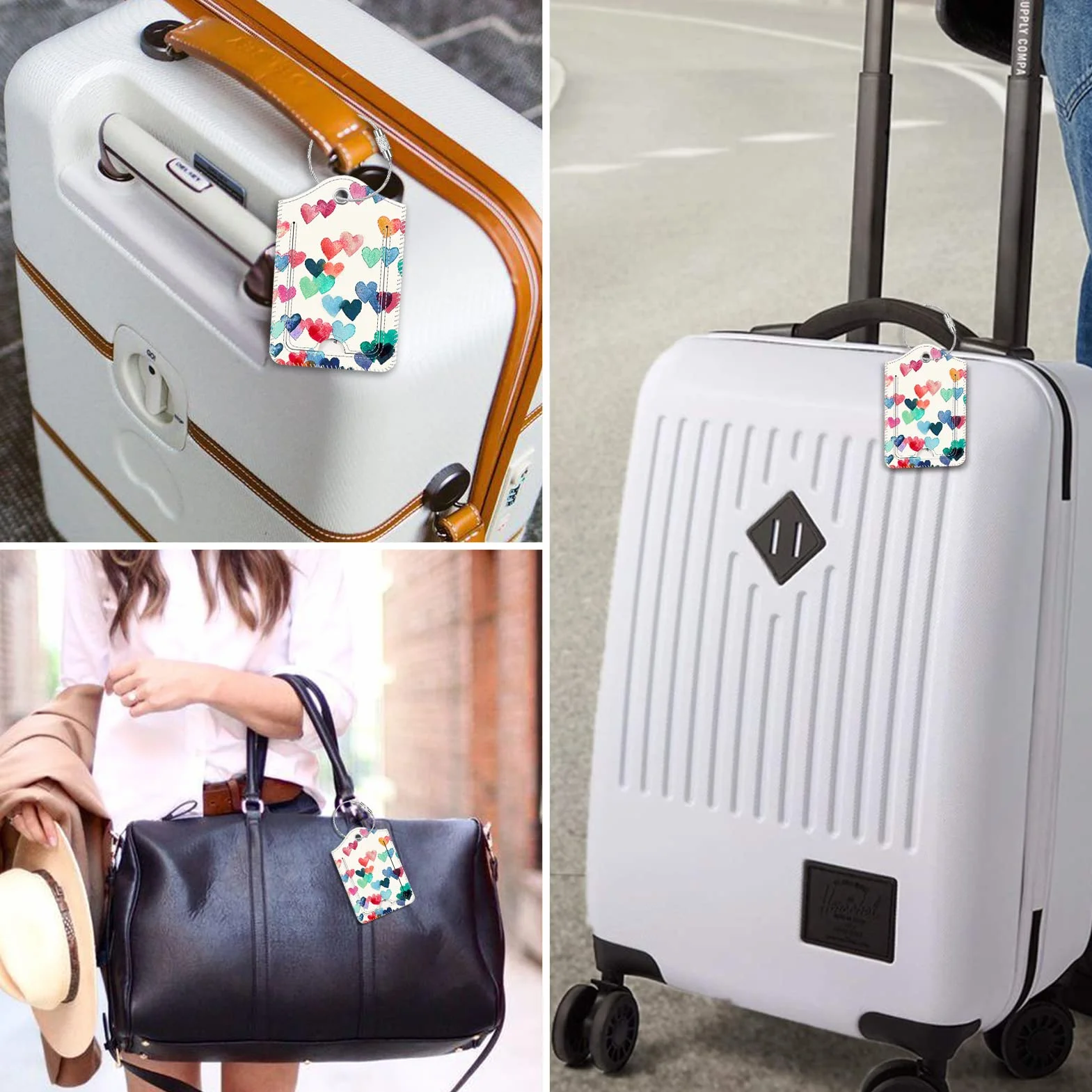 FINTIE Étiquette de Bagage en Simili Cuir Lot de 2 avec Câble en Acier Inoxydable pour Valise de Voyage Cœurs Pluie