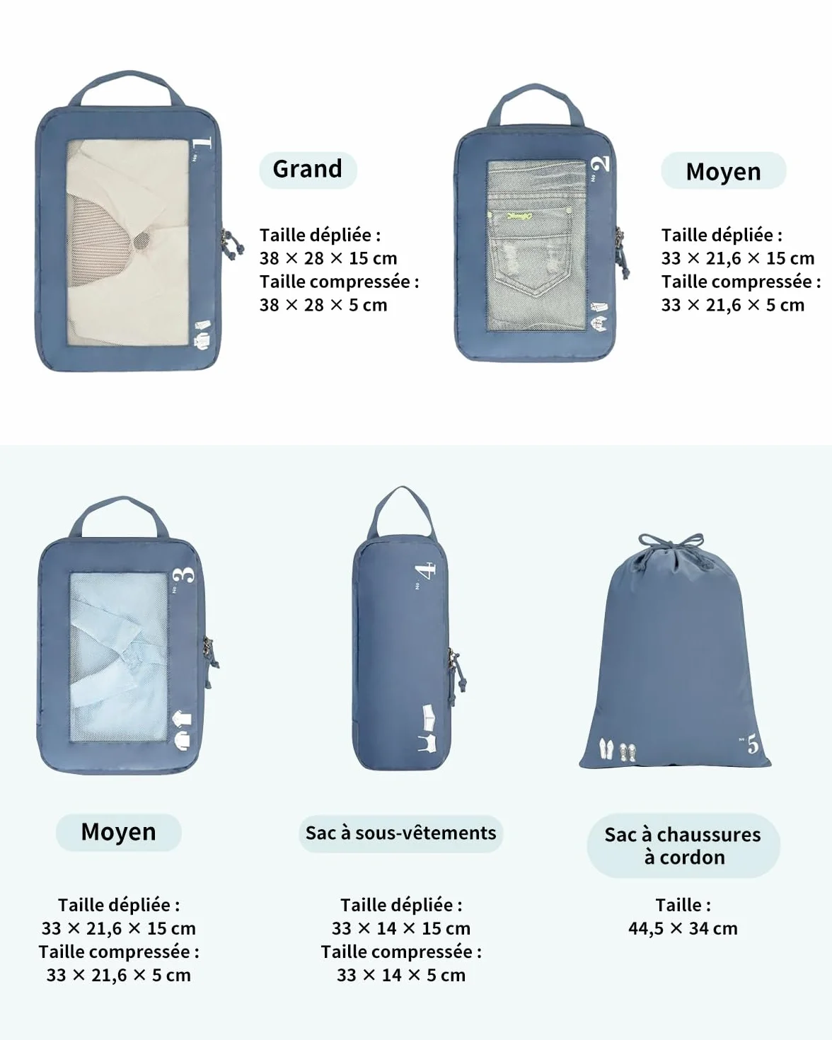 ECOHUB Organisateur Valise Cabine Rangement Packing Cubes Kit Voyage Bleu pur