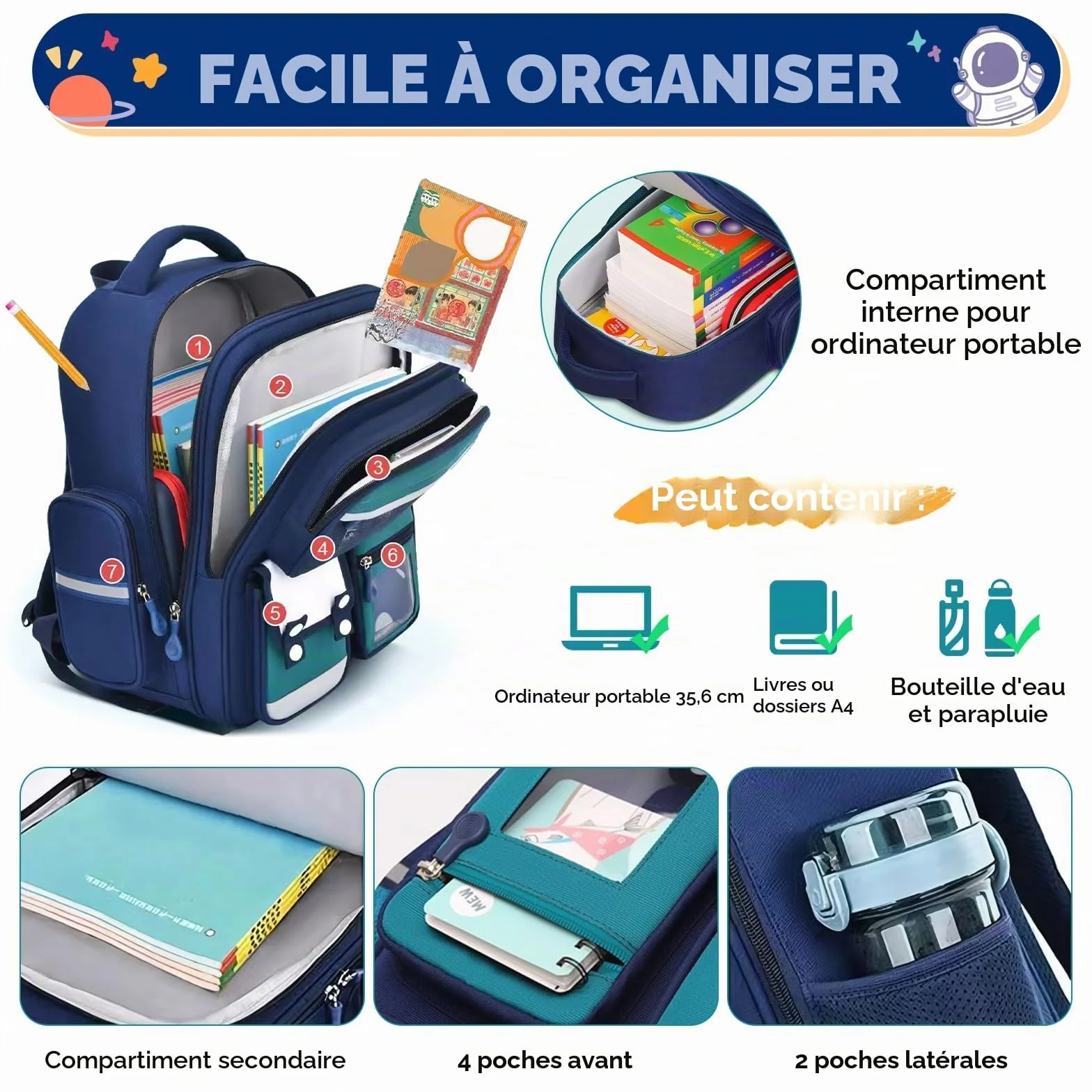 Sac à Dos Primaire Garçons 8-12 Ans Multi-compartiments Bandes Réfléchissantes Vert