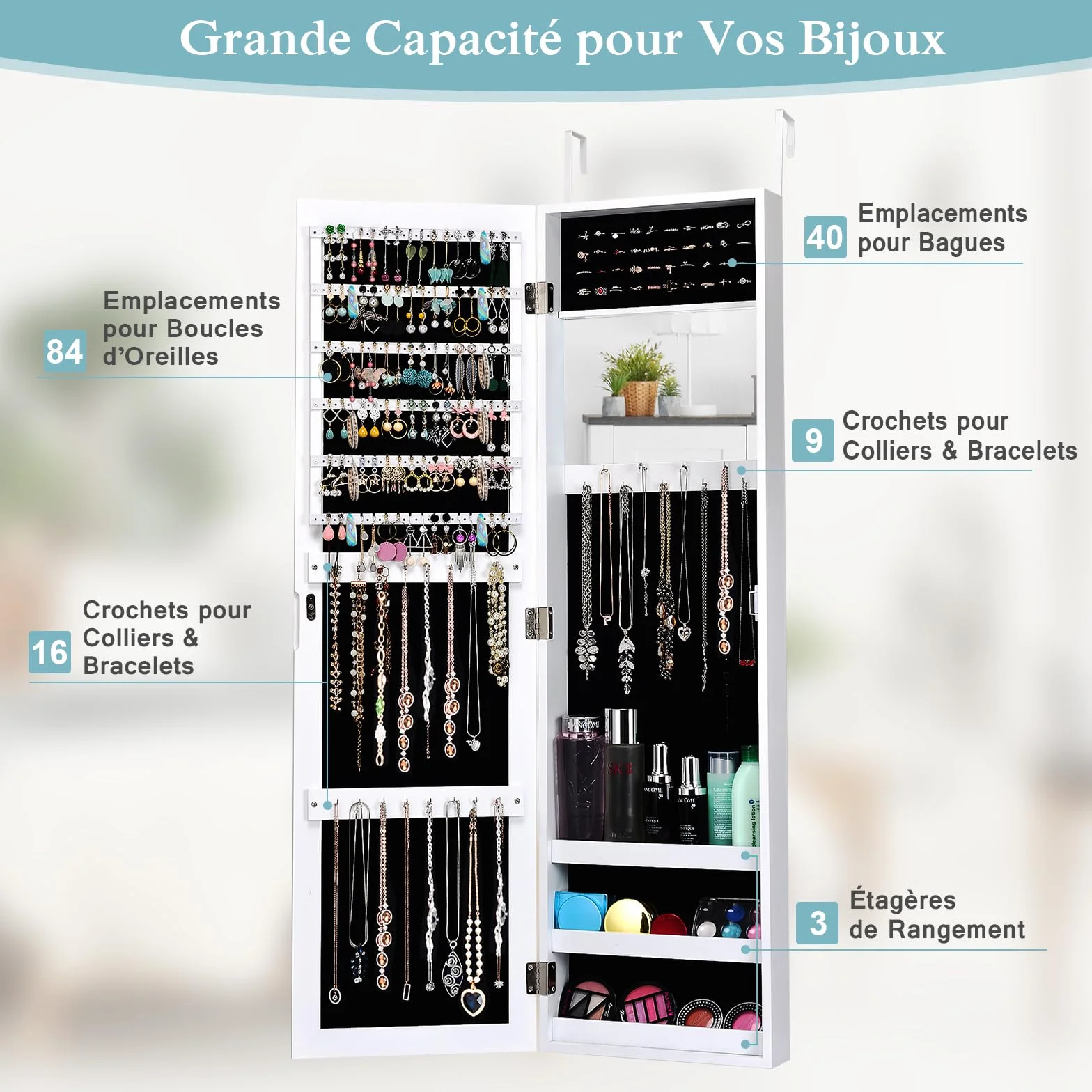 RELAX4LIFE Armoire à Bijoux Murale avec Miroir Pleine Longueur, 31,5x8,7x110 cm, Blanc