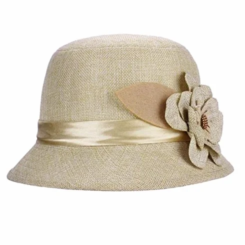 Chapeau cloche en paille pour femme vintage avec fleur, protection solaire respirant, été plage voyage, kaki