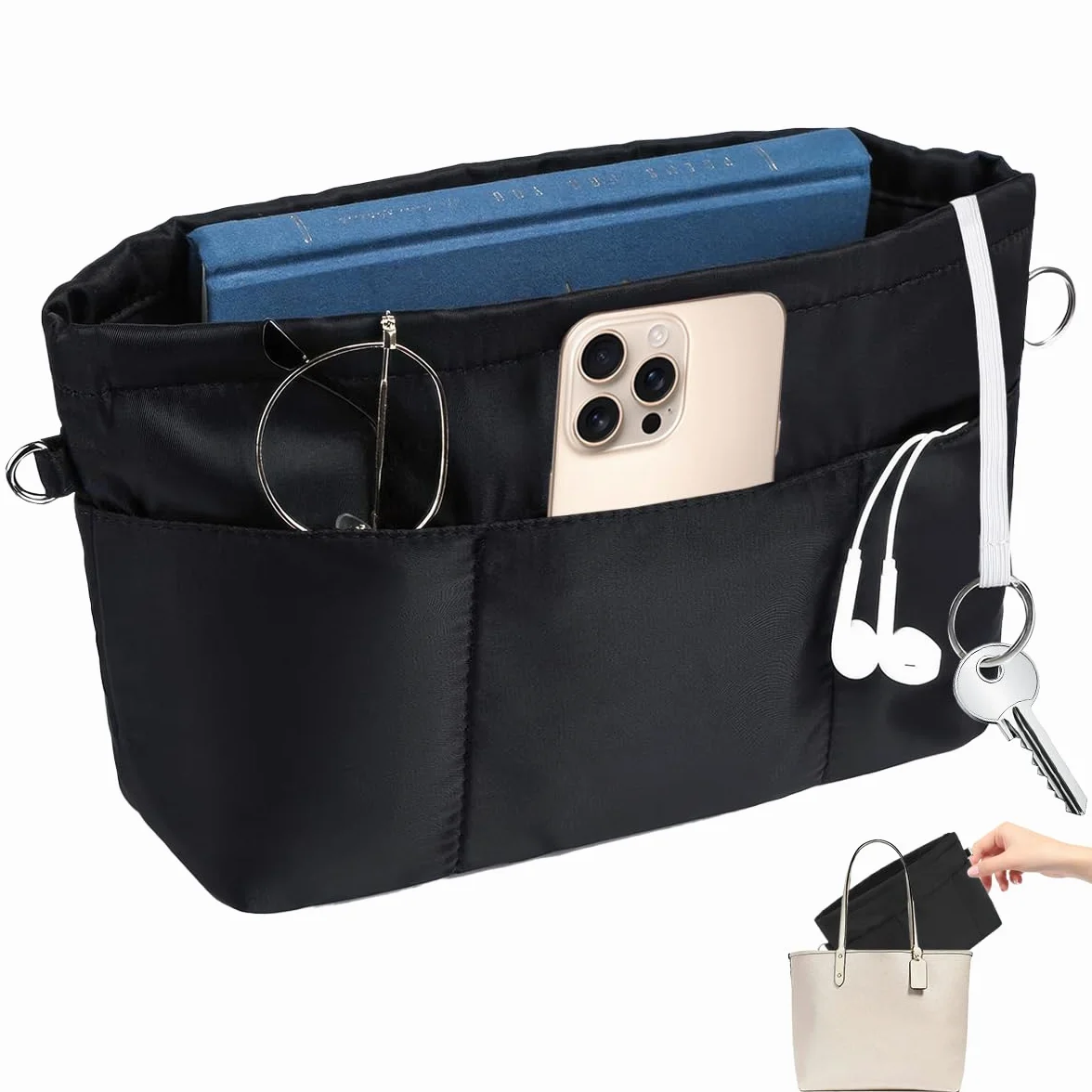 Organisateur de Sac à Main en Nylon 13 Compartiments Imperméable Fermeture à Glissière Noire M