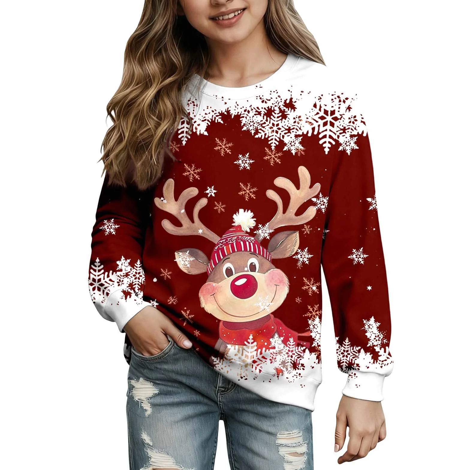 Sweatshirt Fille Noël Enfant À Manches Longues Col Rond Imprimé Chaud 7-17 Ans