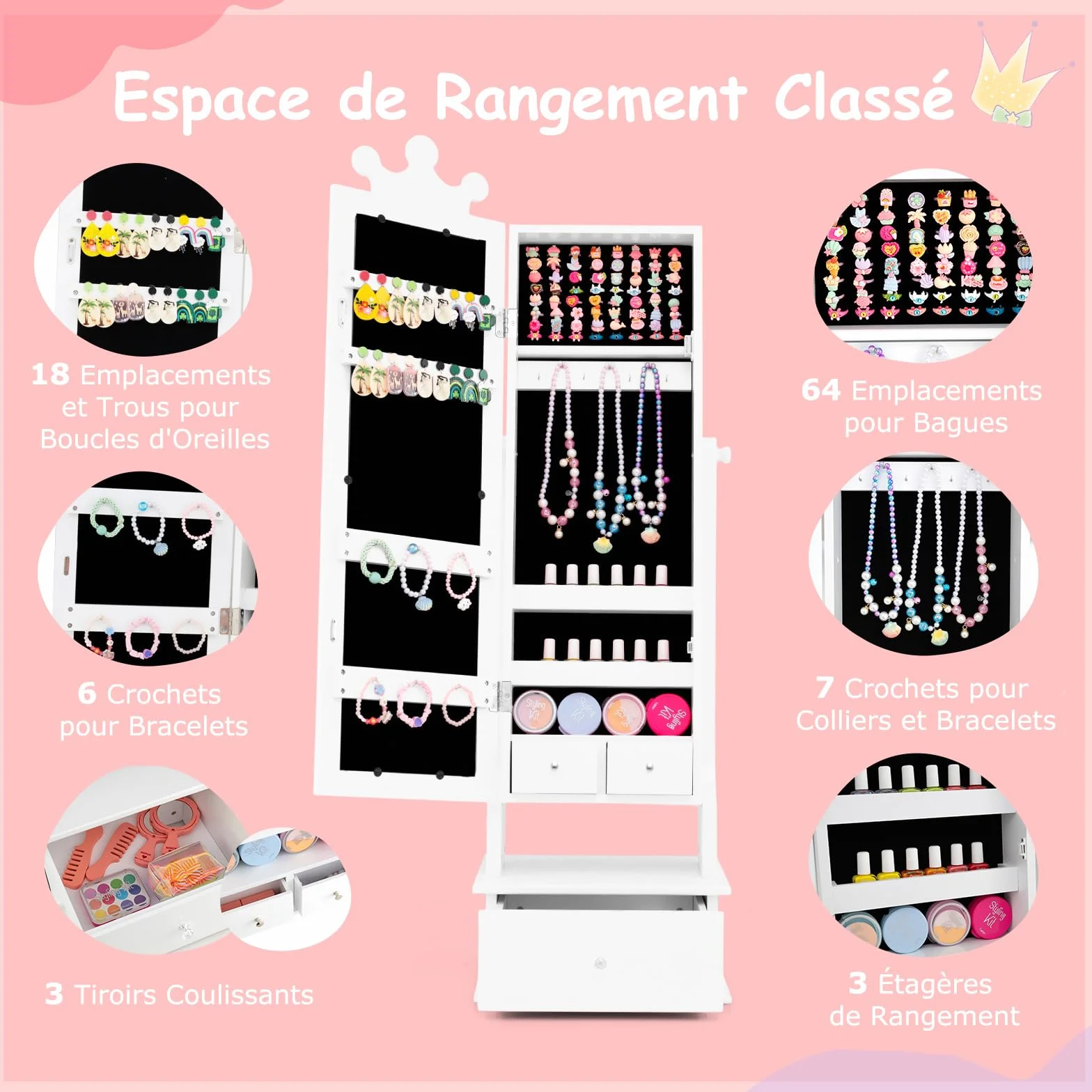 COSTWAY 2 en 1 Armoire à Bijoux Enfants avec Miroir, Organisateur Couronne 3 Tiroirs, Charge 10kg, Blanc