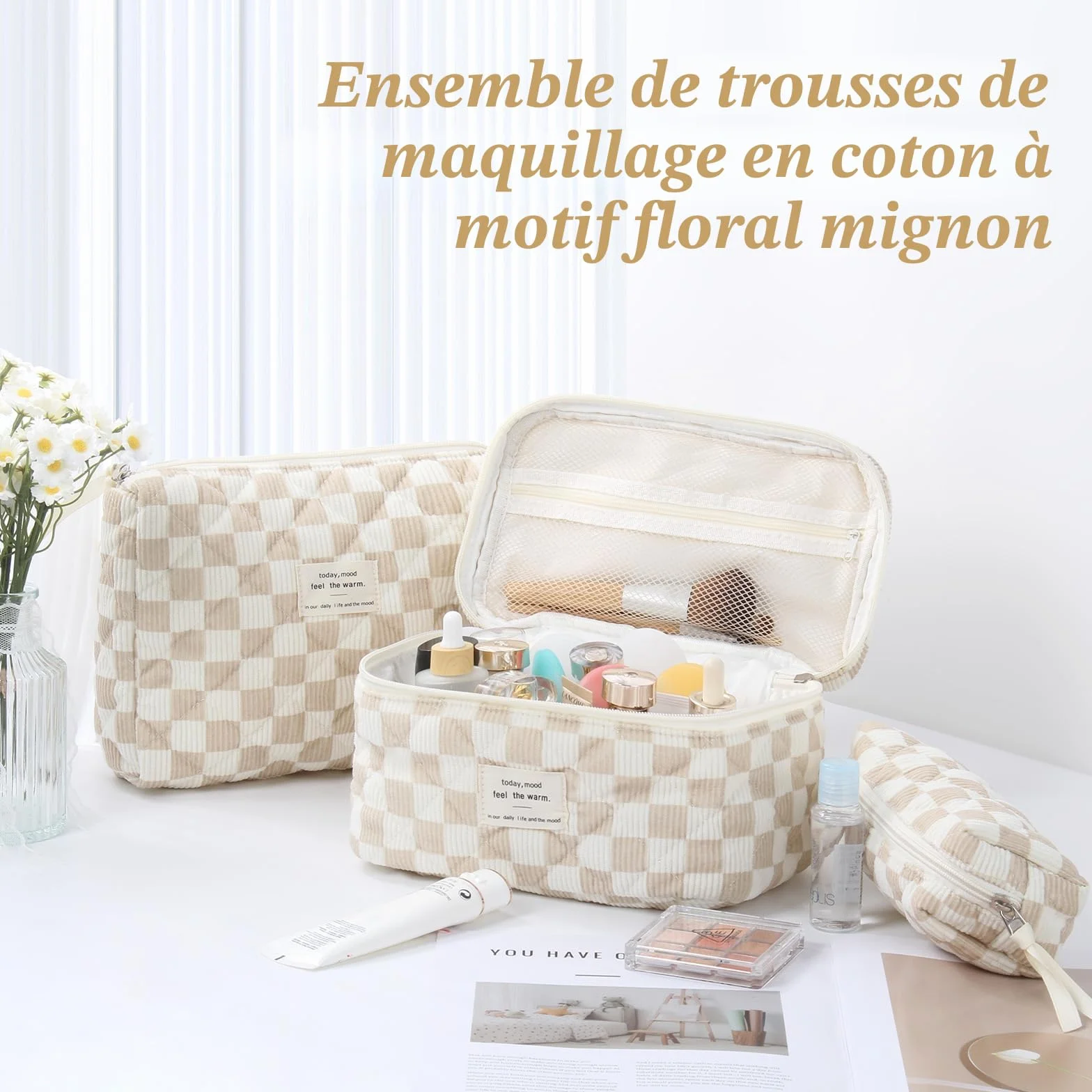 Lot de 3 Trousses de Toilette pour Femme Motif Floral Matelassée Portable Voyage (Kaki)