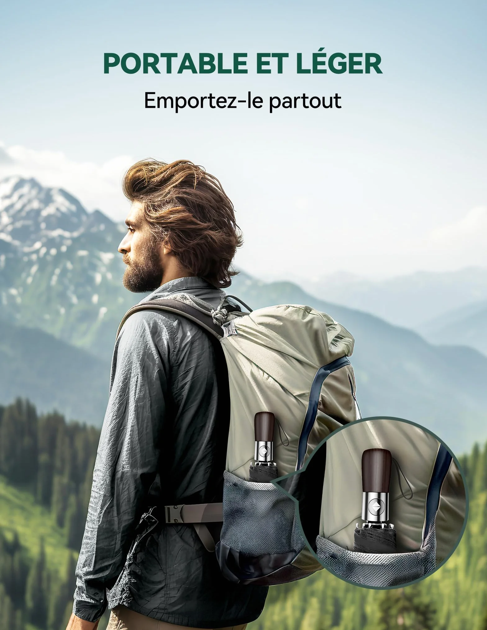 TECKNET Parapluie Pliant Automatique Compact Homme Voyage Revêtement Téflon 210T Anti-Tempête Double Toit Coupe-Vent Poignée Bois Véritable