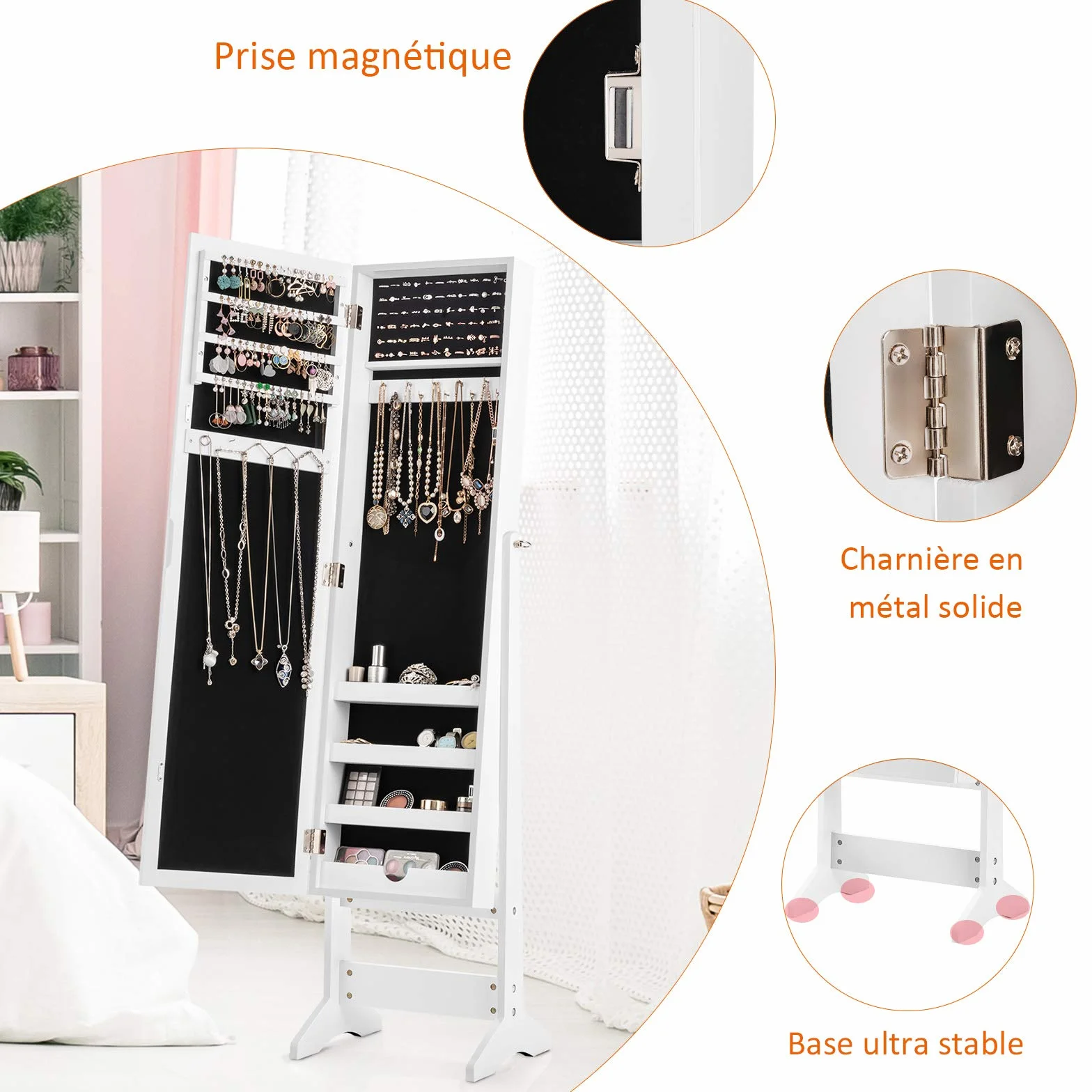 COSTWAY Armoire à bijoux sur Pied avec Miroir Psyché Coffre de Rangement Cosmétiques, 3 Positions Réglables, Blanc