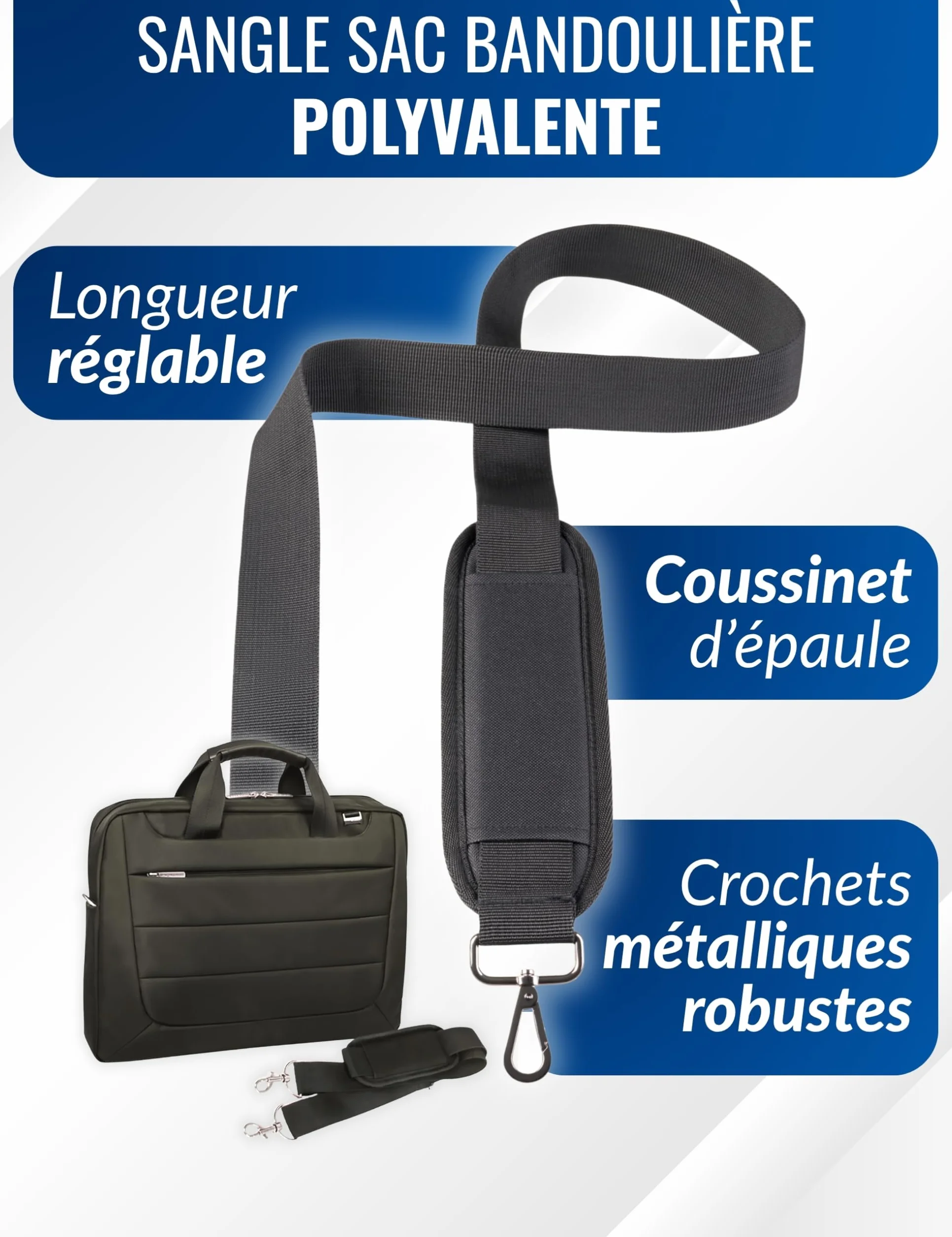 Sangle pour Sac à Main Universelle Réglable Antidérapante avec Crochets Métalliques - Bandoulière Argentée