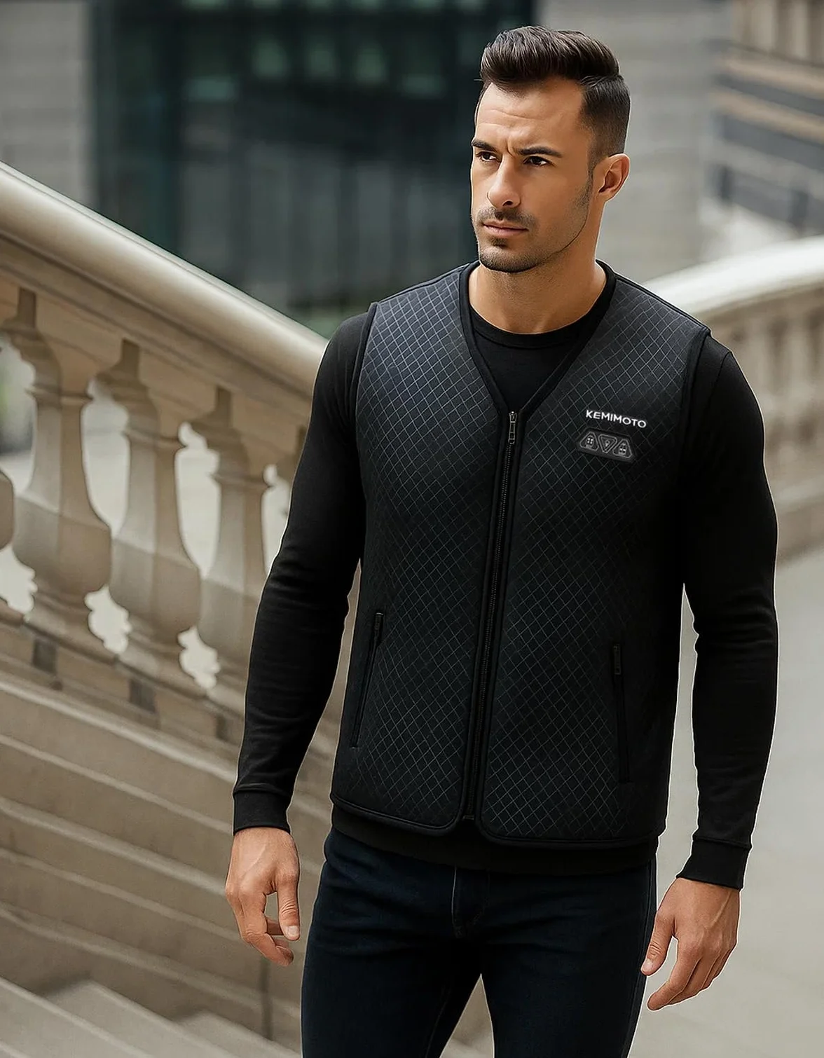 KEMIMOTO Gilet Chauffant Homme 6 Zones de Chaleur 3 Niveaux de Chauffage Tissu de Plongée Doublure en Velours Cristal Ski Pêche Moto