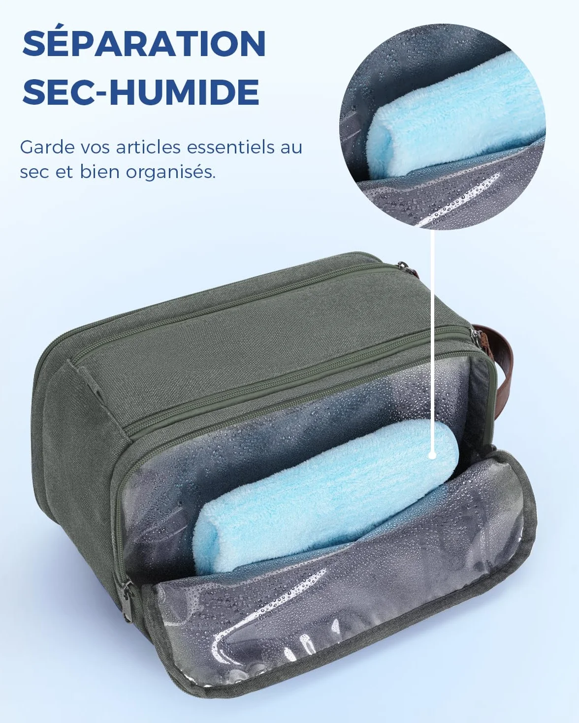 WANDF Trousse de Toilette Voyage Imperméable pour Hommes et Femmes, Sac de Rangement avec Poignée, Vert