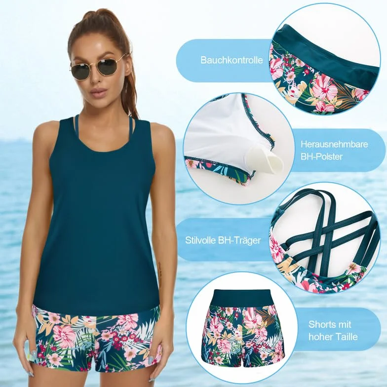 JASAMBAC Tankini Maillot de Bain Femme 3 Pièces Imprimé Floral Contrôle du Ventre