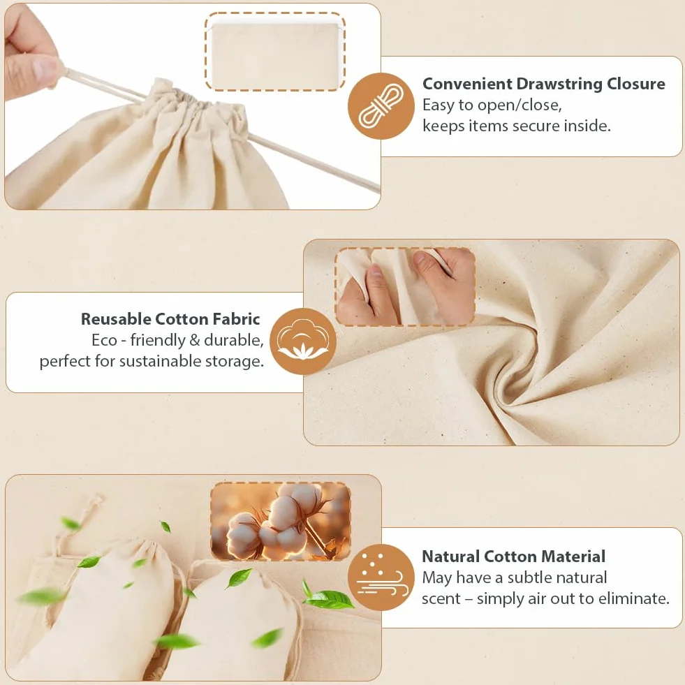 Sachet en Coton Tissu 15x20cm Sac Cordon Cadeau avec Serrage pour Mariage