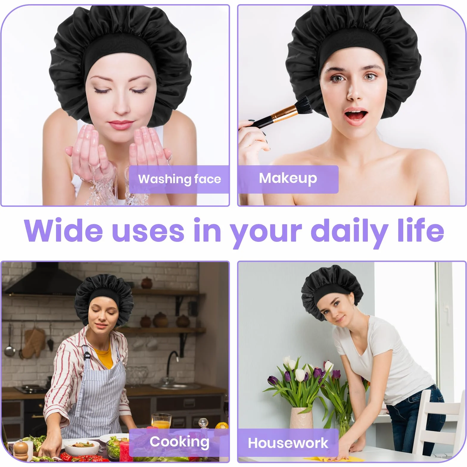 Bonnet en soie double couche élastique noir réglable pour homme femme