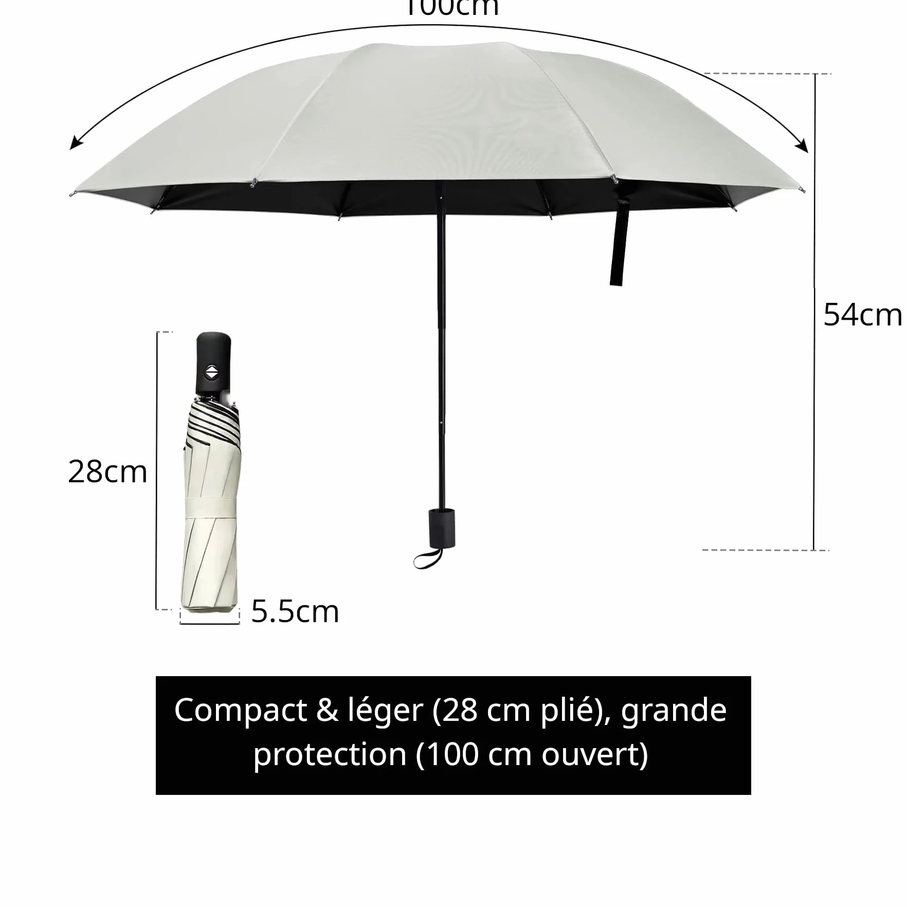 Parapluie Pliant Anti-UV Double Couche Thermo-Protecteur Blanc Réfléchissant Intérieur Noir Compact Léger Ouverture Automatique Hajj Omra