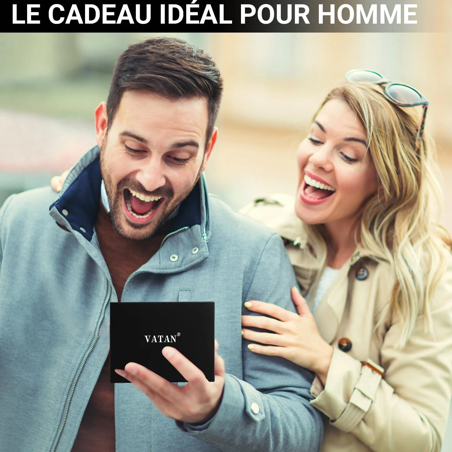 VATAN Portefeuille Homme Cuir Blocage RFID 15 Emplacements Cartes 2 ID Photo Window 2 Compartiment Billets Boite Cadeau Carbone Noir