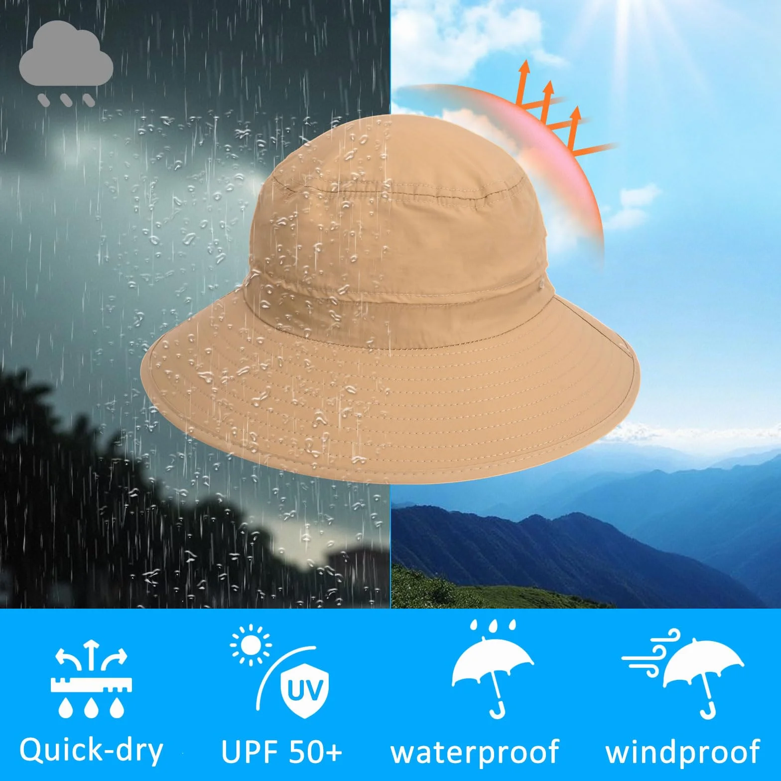 Bob Homme Imperméable Anti UV Chapeau Safari Soleil avec Maille Respirante Léger Pliable pour Randonnée Pêche Été