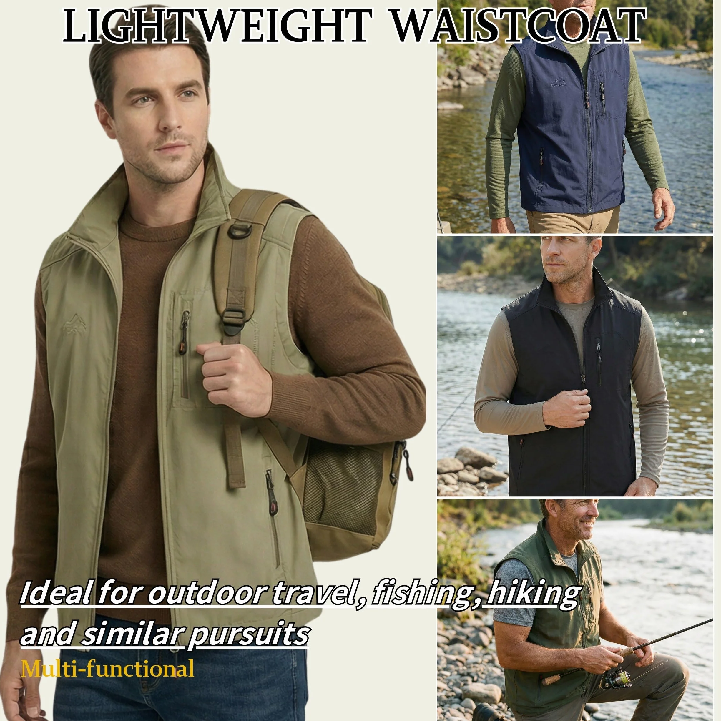 Gilet de pêche homme multi-poches sans manches veste plein air légère respirante voyage