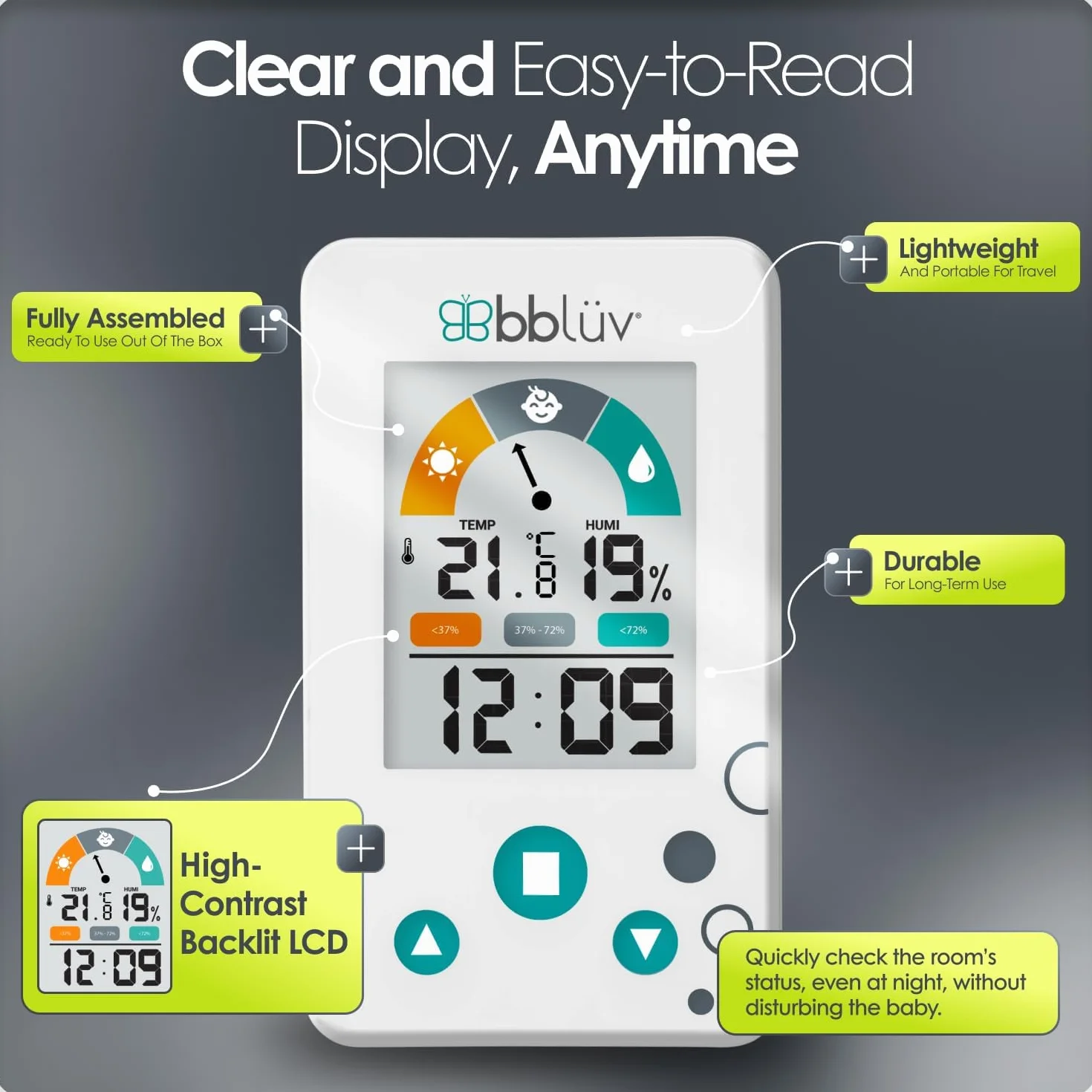 bblüv Igrö Thermometre Hygrometre Numérique 2-en-1 Thermomètre Interieur Chambre Bébé Moniteur Température Humidité Précis Écran LCD Indicateur Confort Horloge