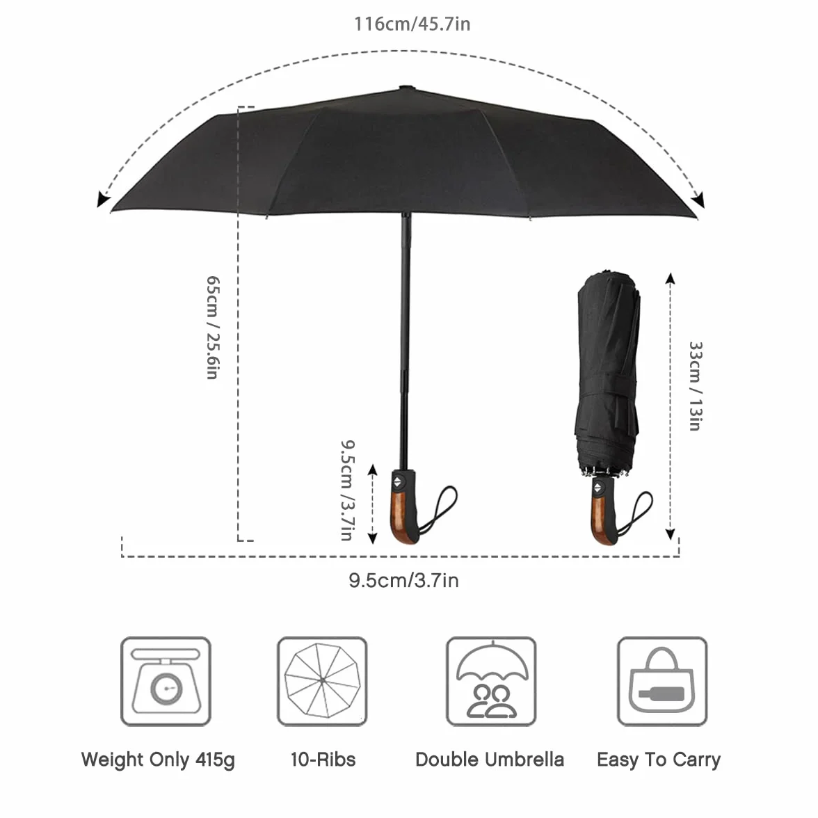 Parapluie Pliant Automatique Imperméable Homme Noir 106 cm 10 Baleines Anti Vent