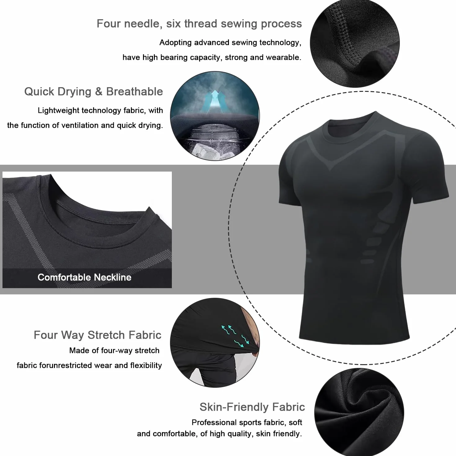 Hommes Compression T-Shirt de Sport Manches Courtes Running Séchage Rapide Respirant