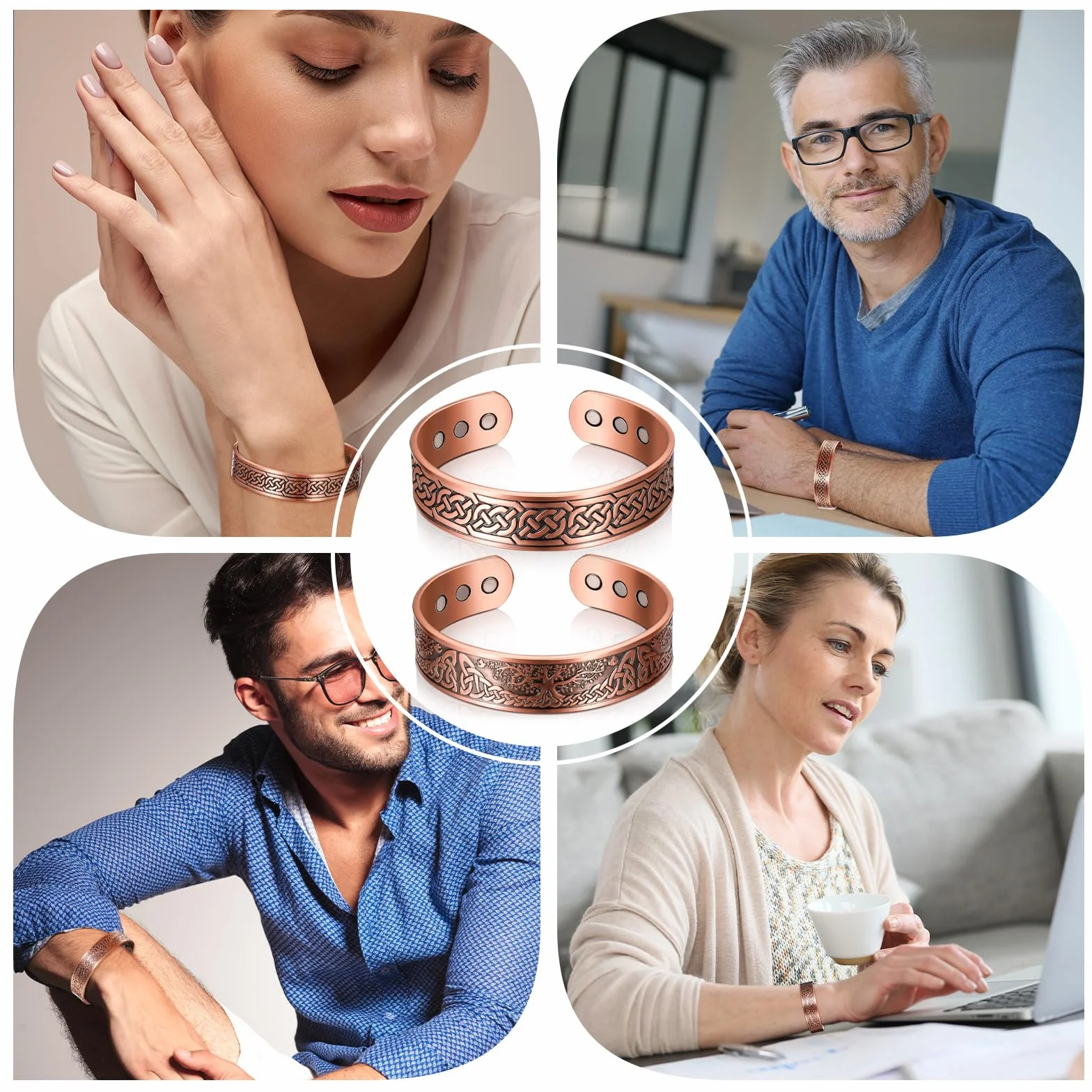 Bracelets Magnétiques en Cuivre 99,99% 3500 Gauss 9 Aimants Réglable Arbre Celtique, 2 Pièces